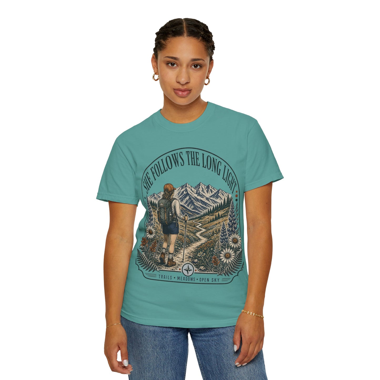 She Follows The Long Light Hiking T-Shirt — Adventure Backpacker Graphic Tee