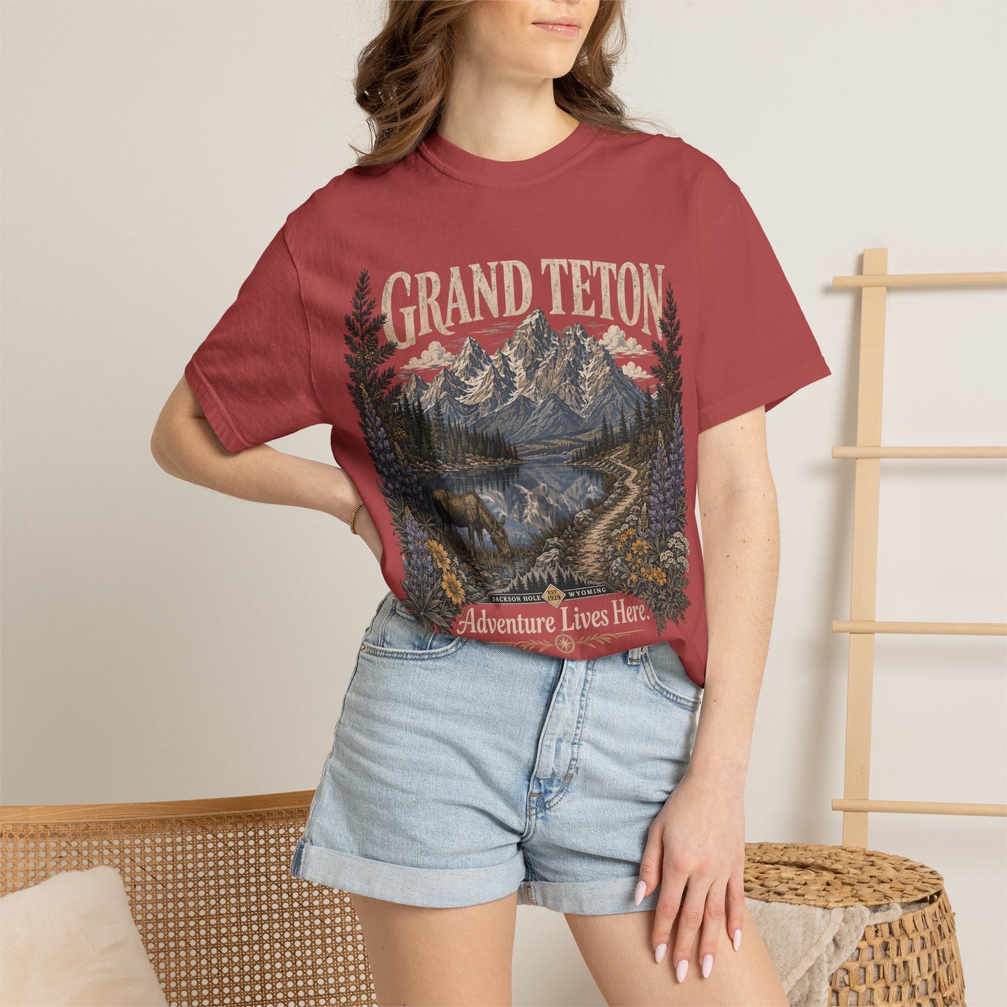 Grand Teton Scenic T-Shirt — 'Adventure Lives Here' Mountain & Moose Tee