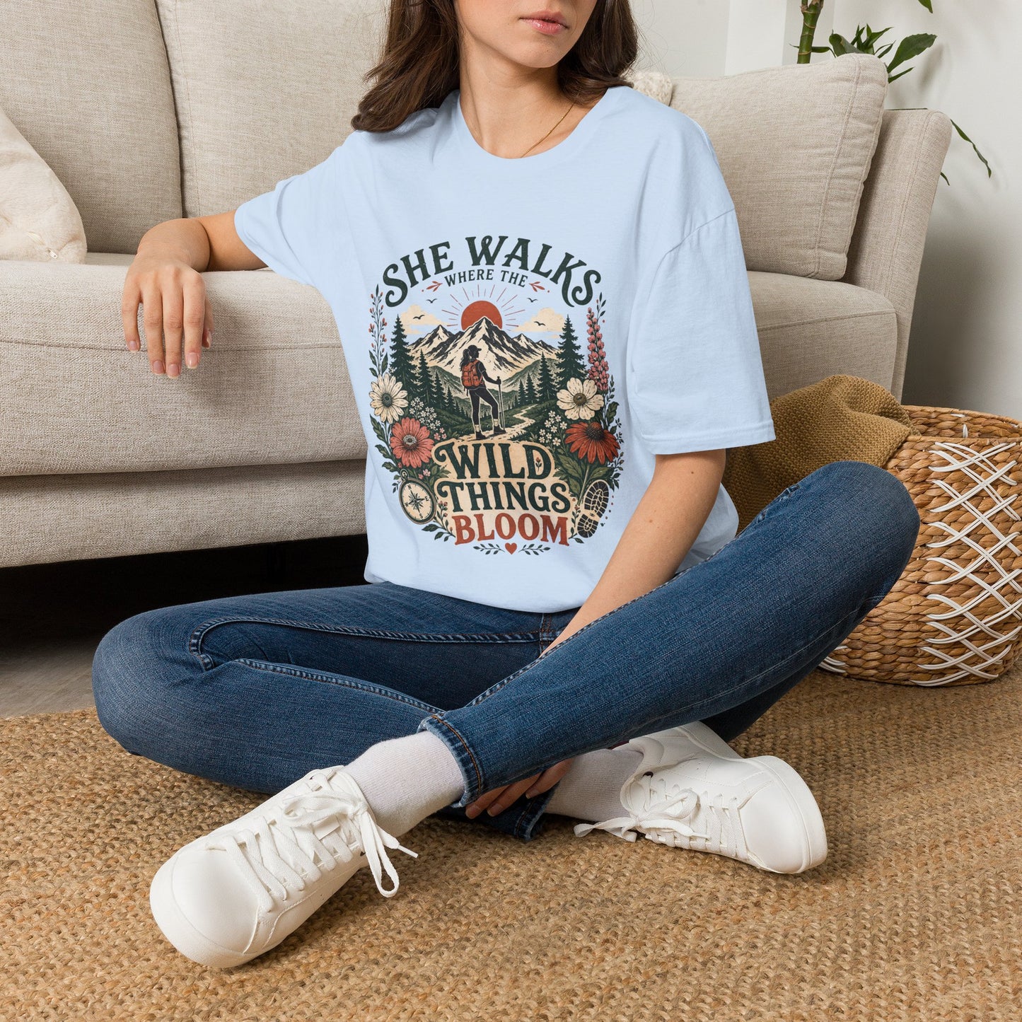 She Walks Where the Wild Things Bloom Hiking T-Shirt — Vintage Mountain Outdoor Tee