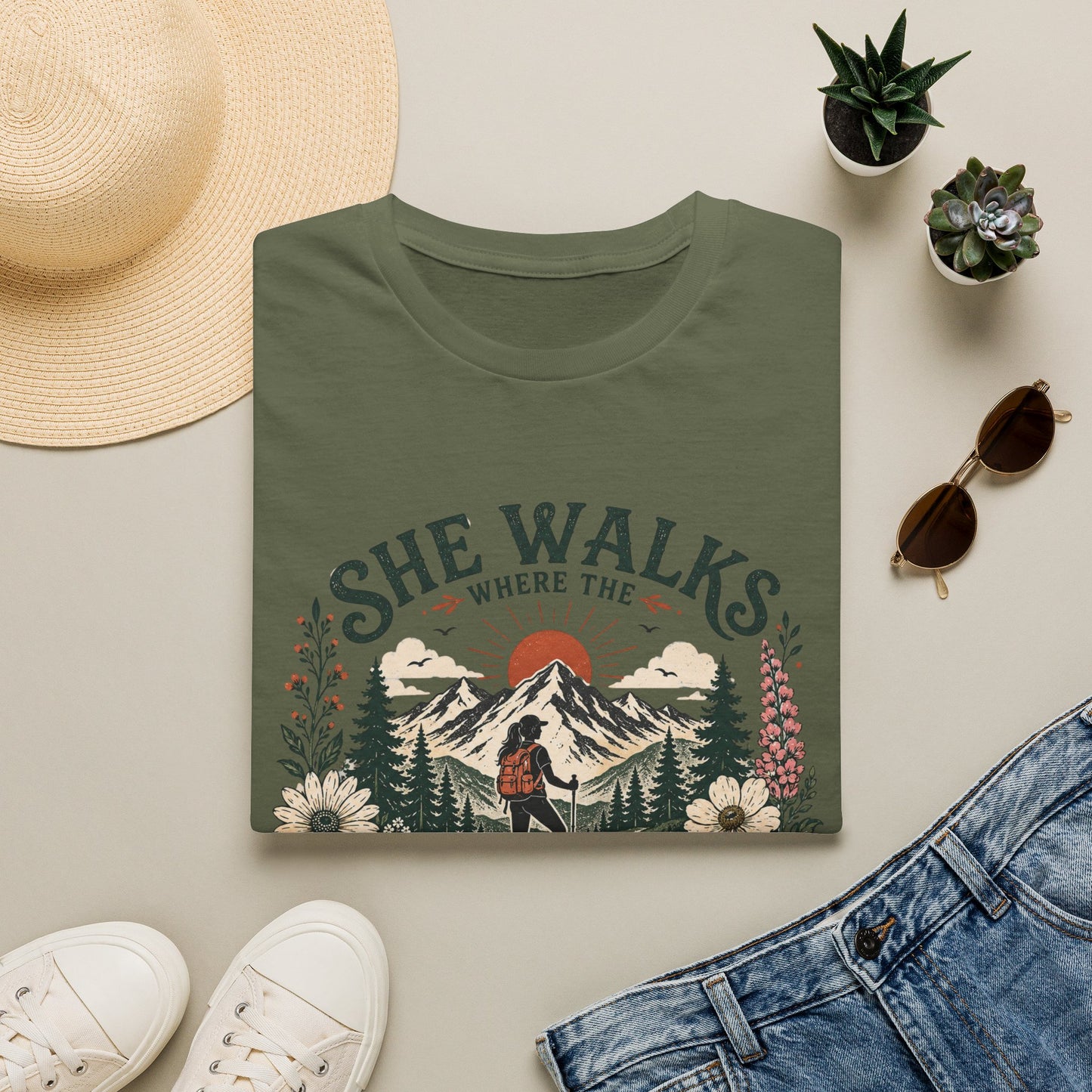 She Walks Where the Wild Things Bloom Hiking T-Shirt — Vintage Mountain Outdoor Tee