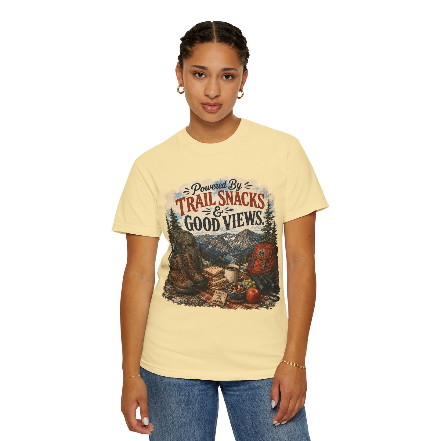 Trail Snacks & Good Views T-Shirt — Hiking Adventure Graphic Tee