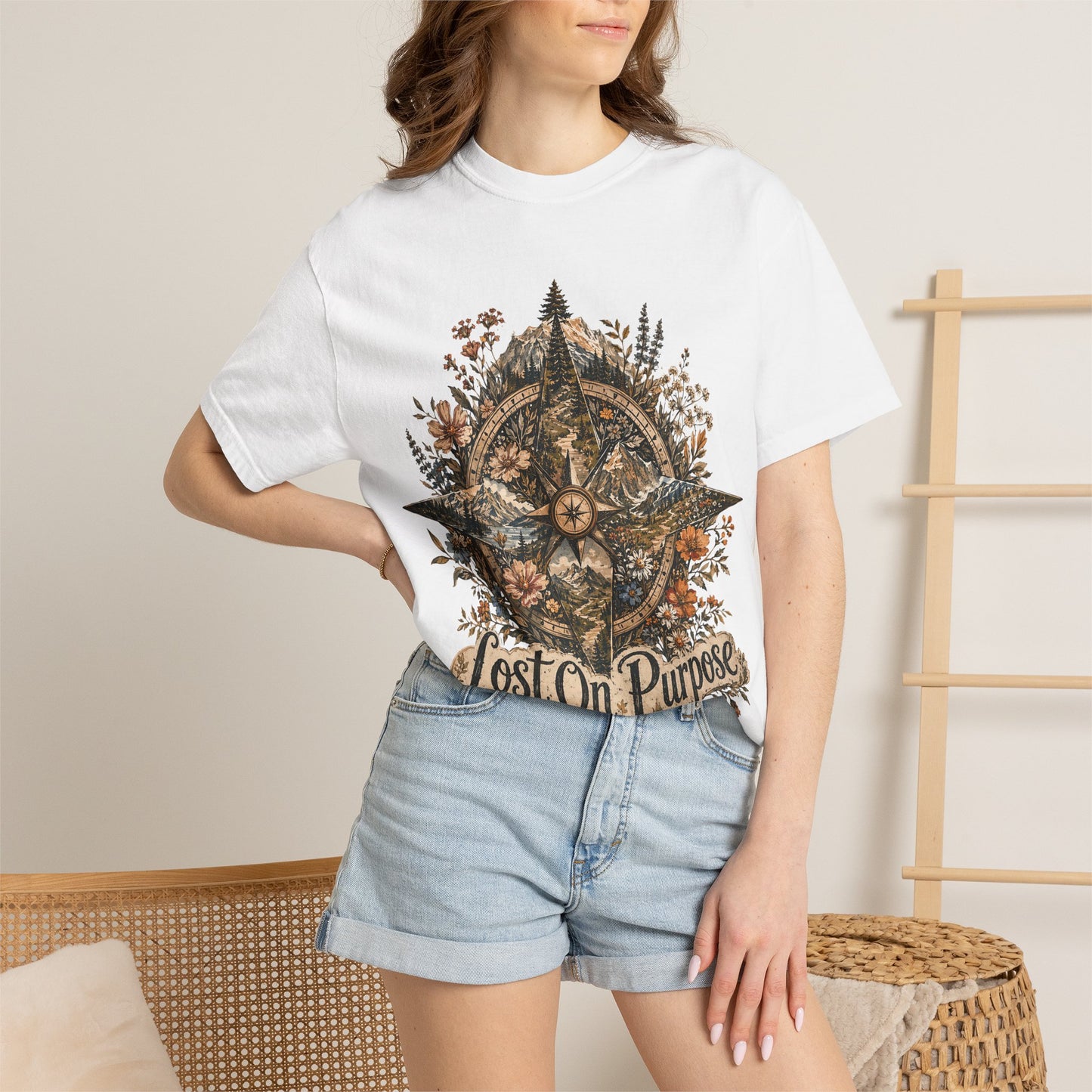 Lost on Purpose Compass T-Shirt — Floral Adventure Graphic Tee