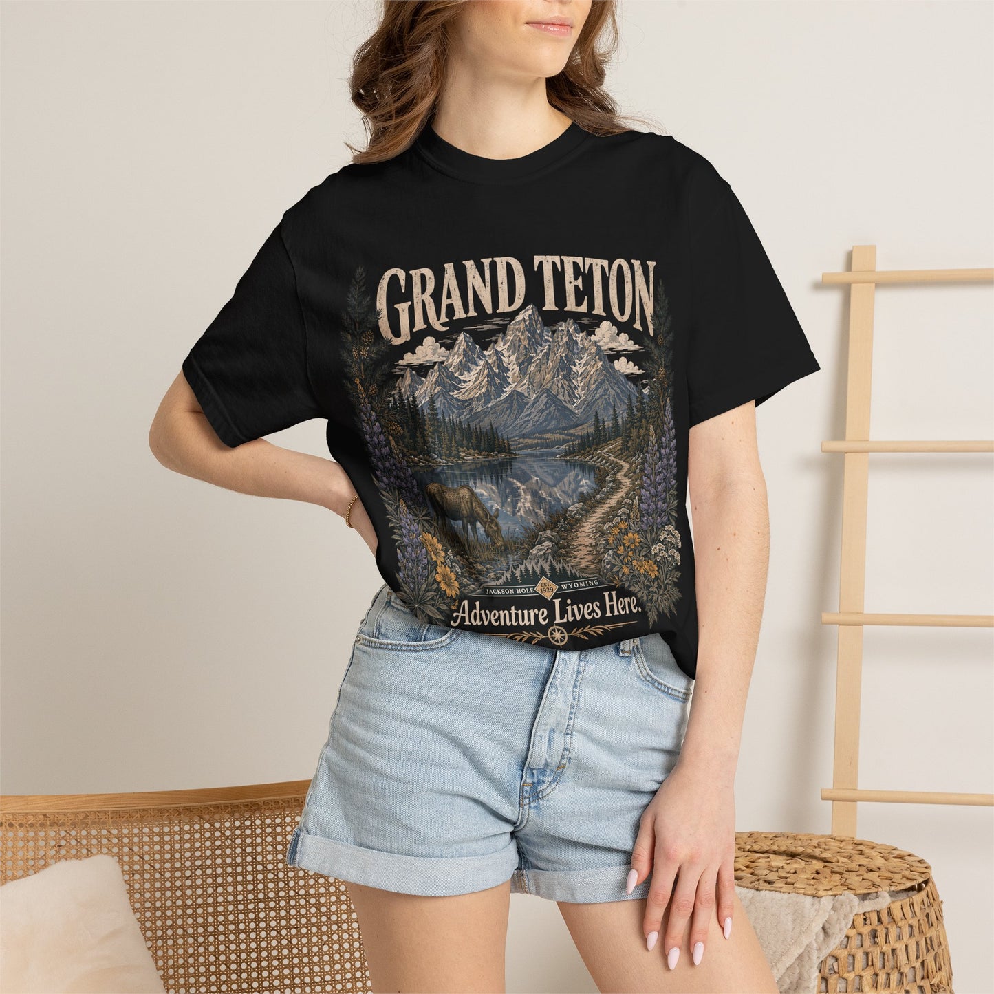 Grand Teton Scenic T-Shirt — 'Adventure Lives Here' Mountain & Moose Tee