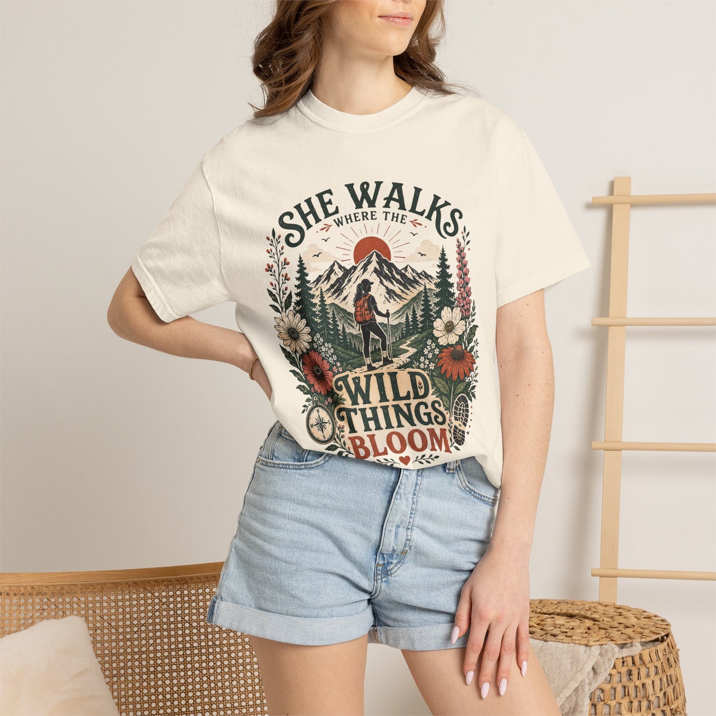 She Walks Where the Wild Things Bloom T-Shirt — Floral Vintage Hiking Tee