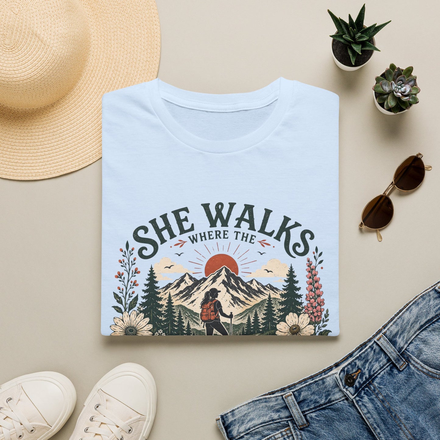She Walks Where the Wild Things Bloom Hiking T-Shirt — Vintage Mountain Outdoor Tee