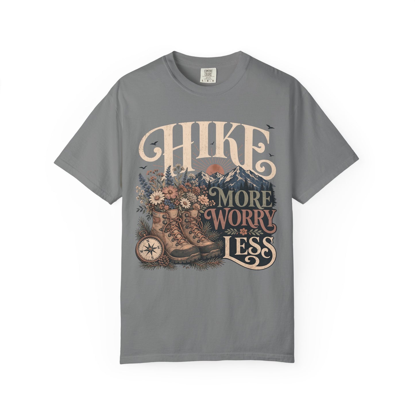 Hike More Worry Less T-Shirt — Vintage Hiking Boots & Mountain Graphic