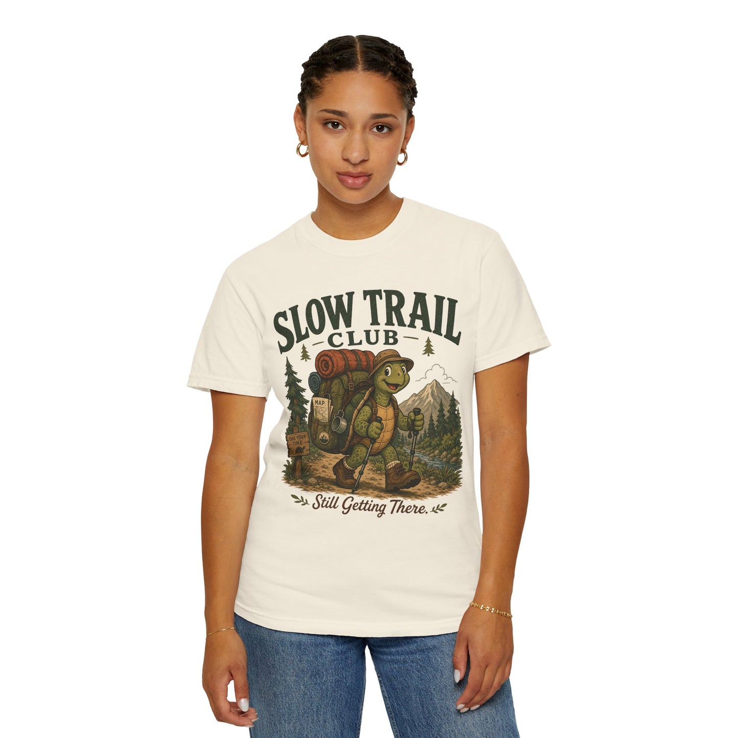 Slow Trail Club T-Shirt — “Still Getting There” Hiking Turtle Graphic Tee