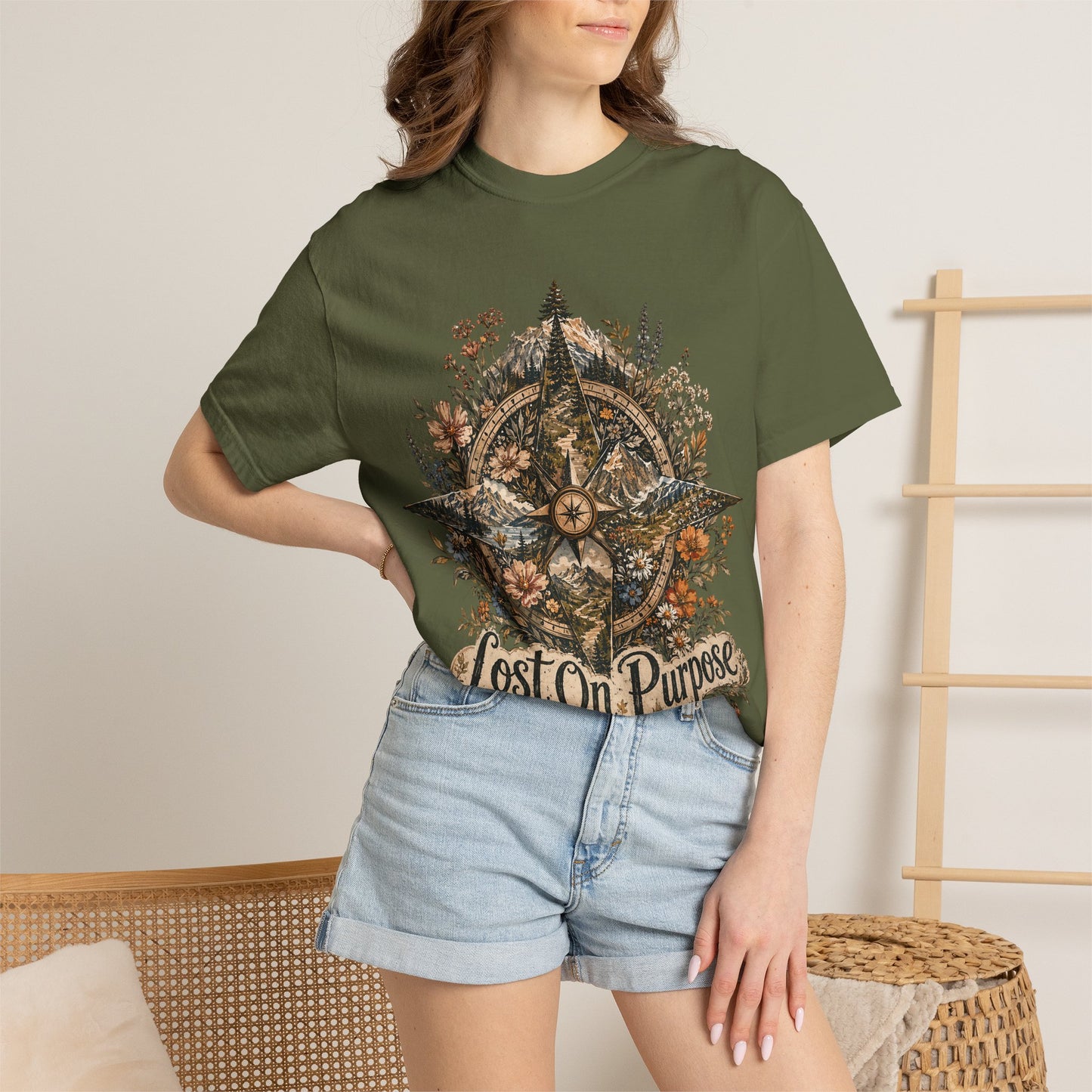 Lost on Purpose Compass T-Shirt — Floral Adventure Graphic Tee