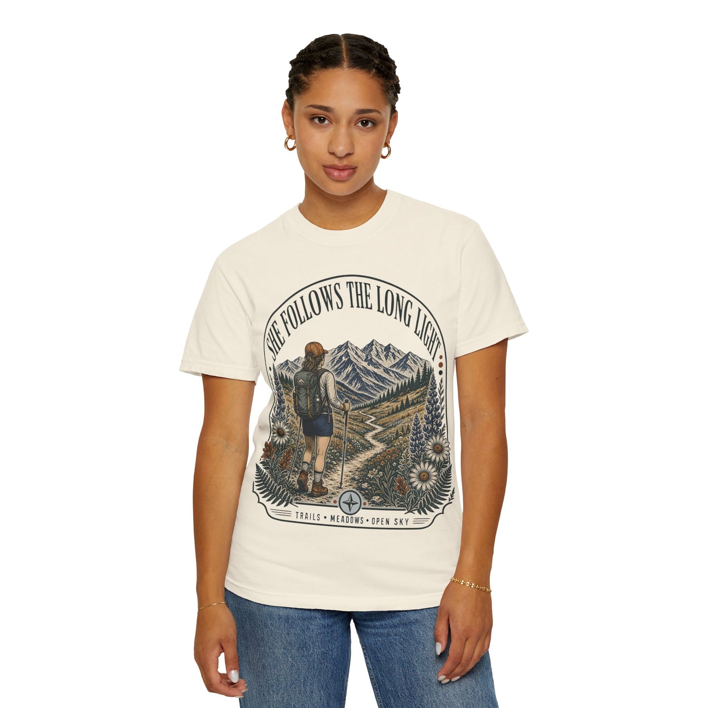 She Follows The Long Light Hiking T-Shirt — Adventure Backpacker Graphic Tee