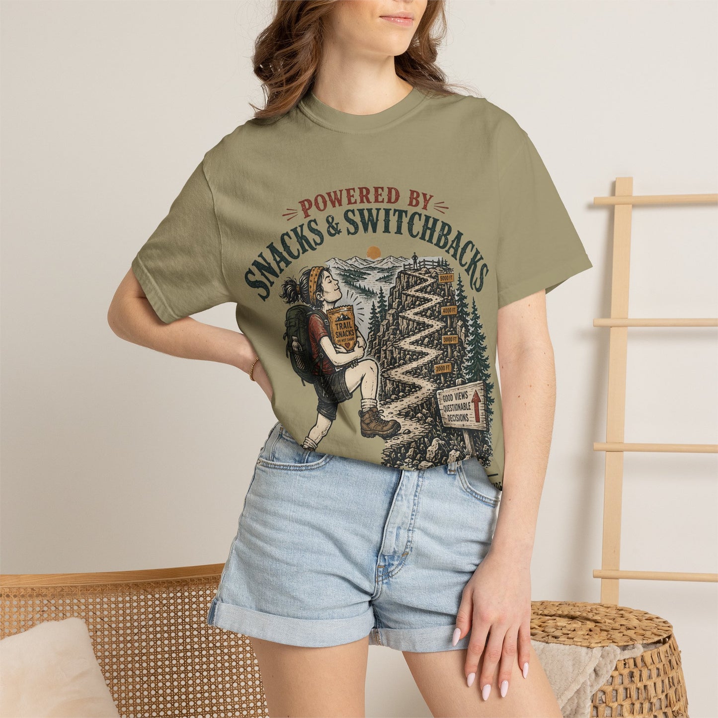 Hiking T-Shirt — "Powered by Snacks & Switchbacks" Outdoor Trail Tee