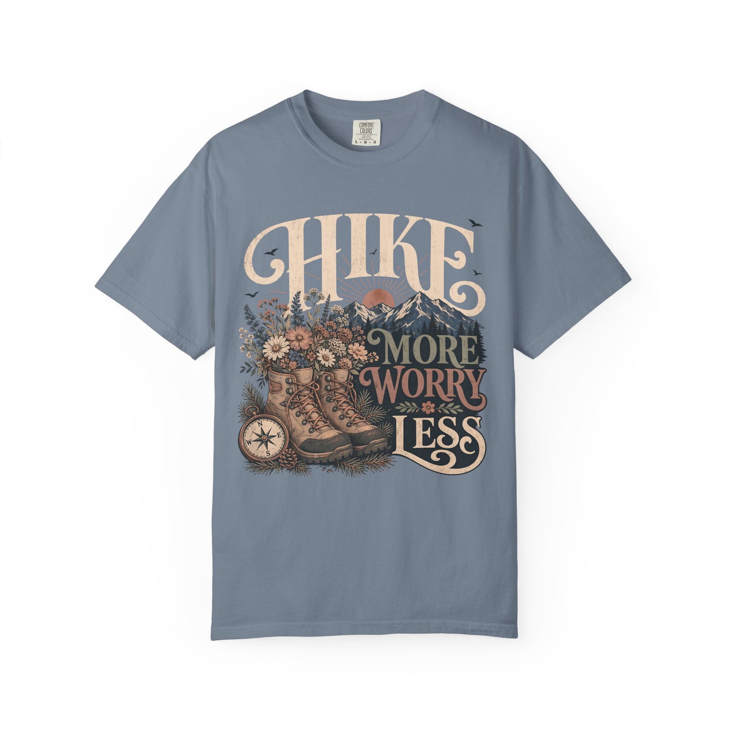 Hike More Worry Less T-Shirt — Vintage Hiking Boots & Mountain Graphic