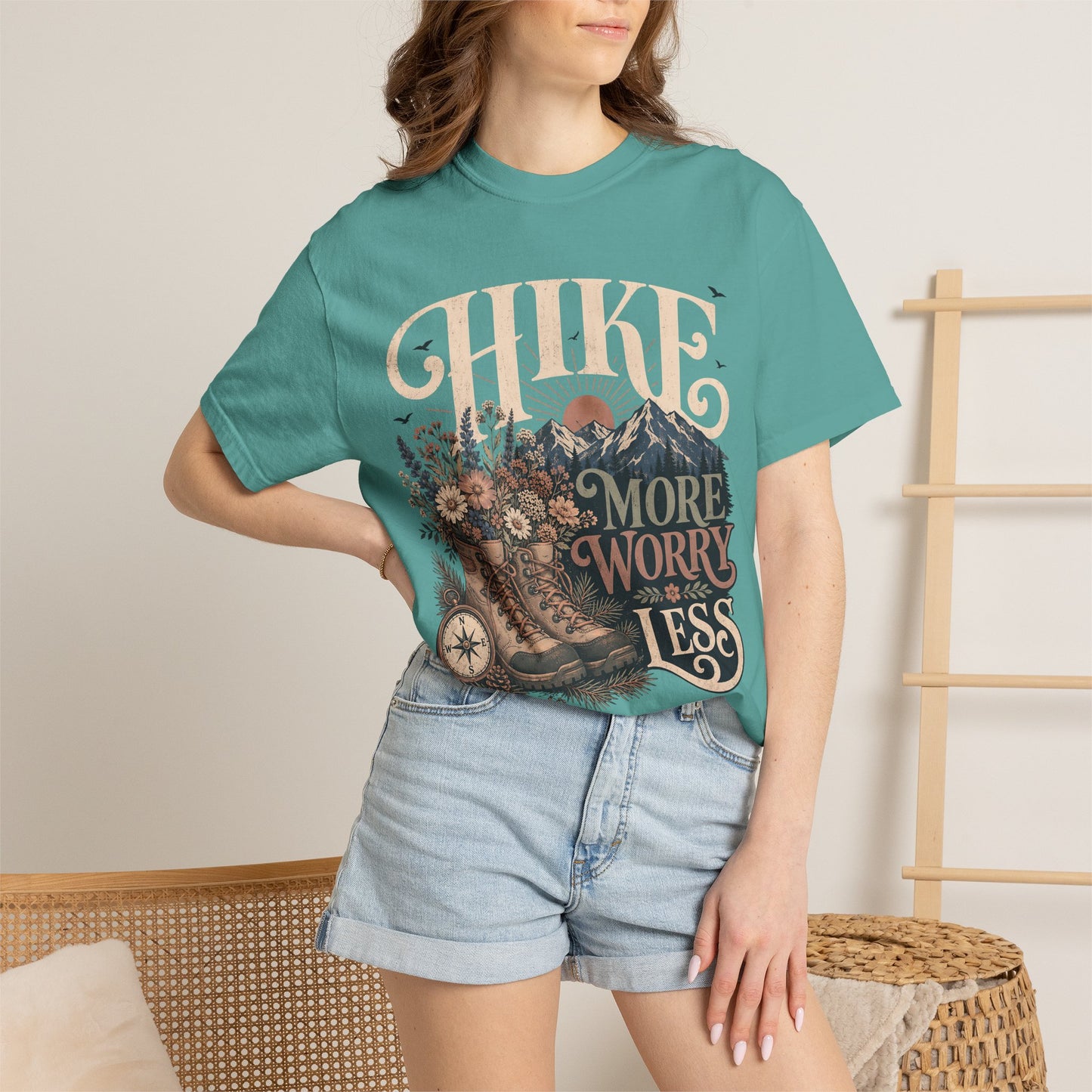 Hike More Worry Less T-Shirt — Vintage Hiking Boots & Mountain Graphic