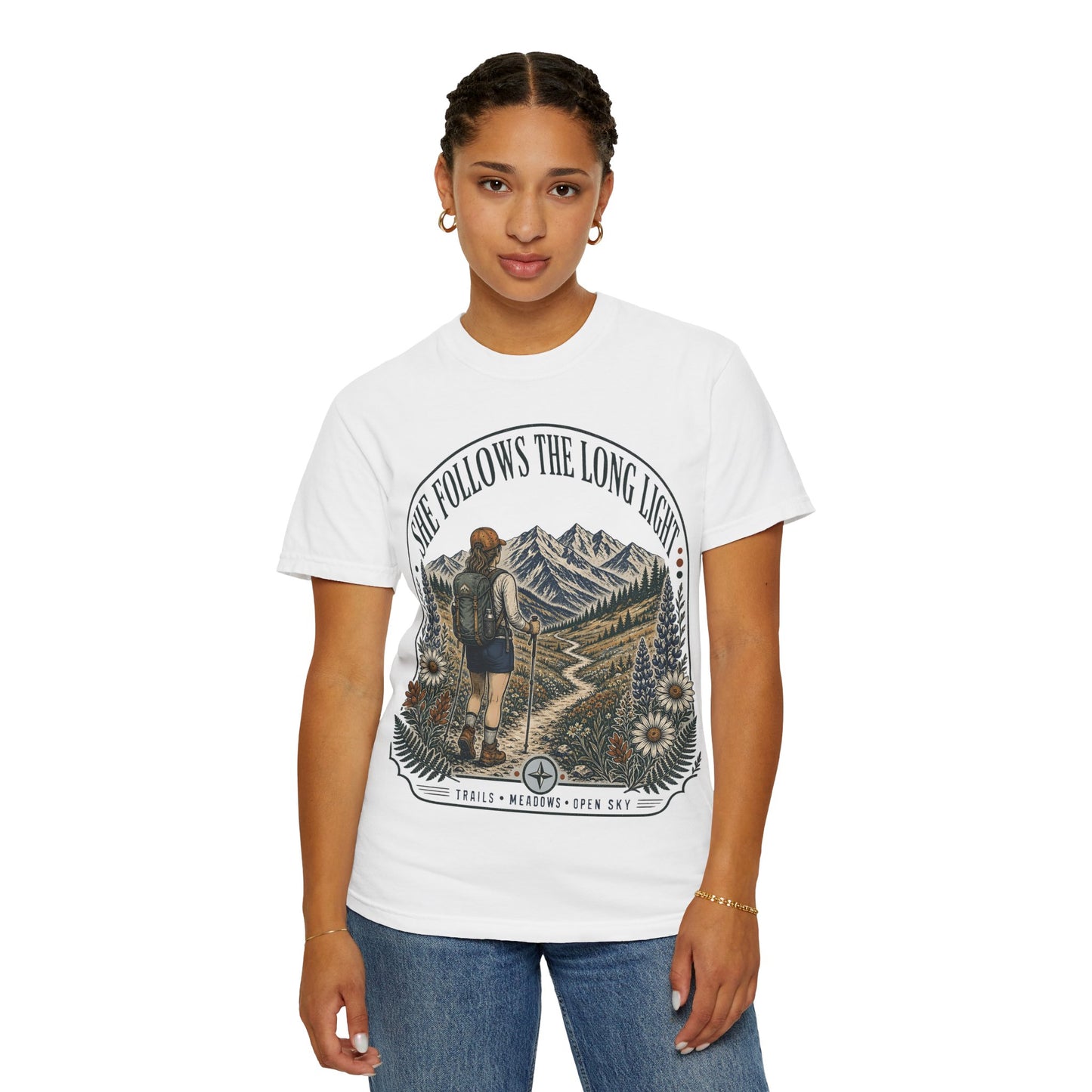 She Follows The Long Light Hiking T-Shirt — Adventure Backpacker Graphic Tee