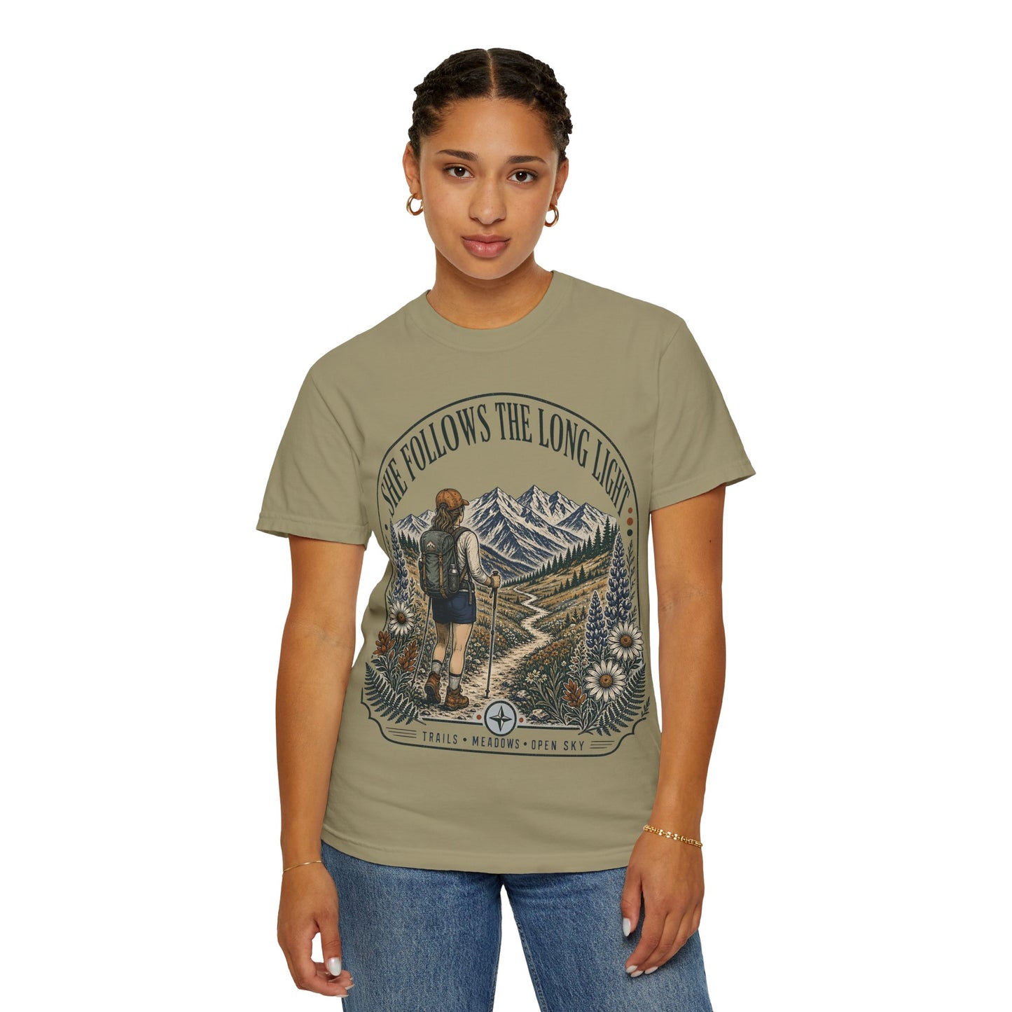 She Follows The Long Light Hiking T-Shirt — Adventure Backpacker Graphic Tee