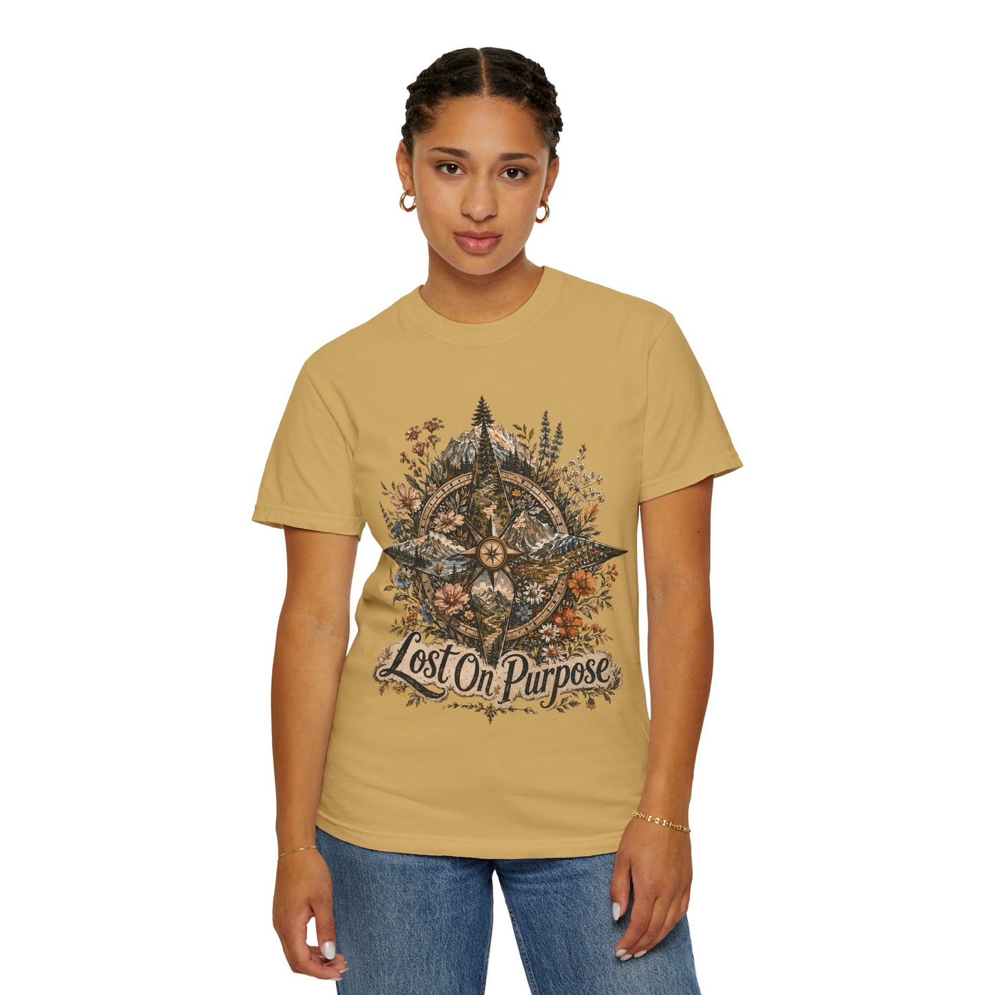 Lost on Purpose Compass T-Shirt — Floral Adventure Graphic Tee