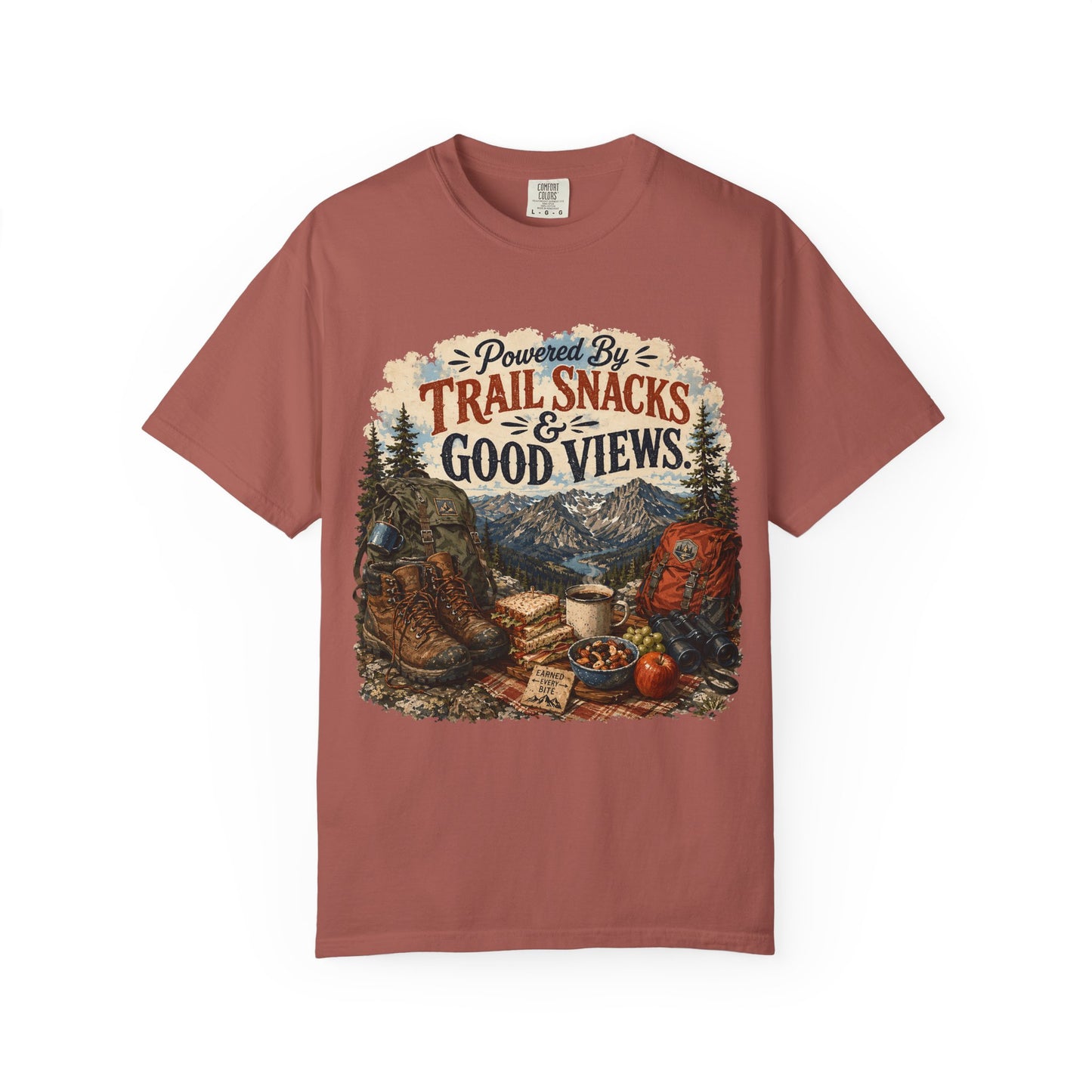 Trail Snacks & Good Views T-Shirt — Hiking Adventure Graphic Tee