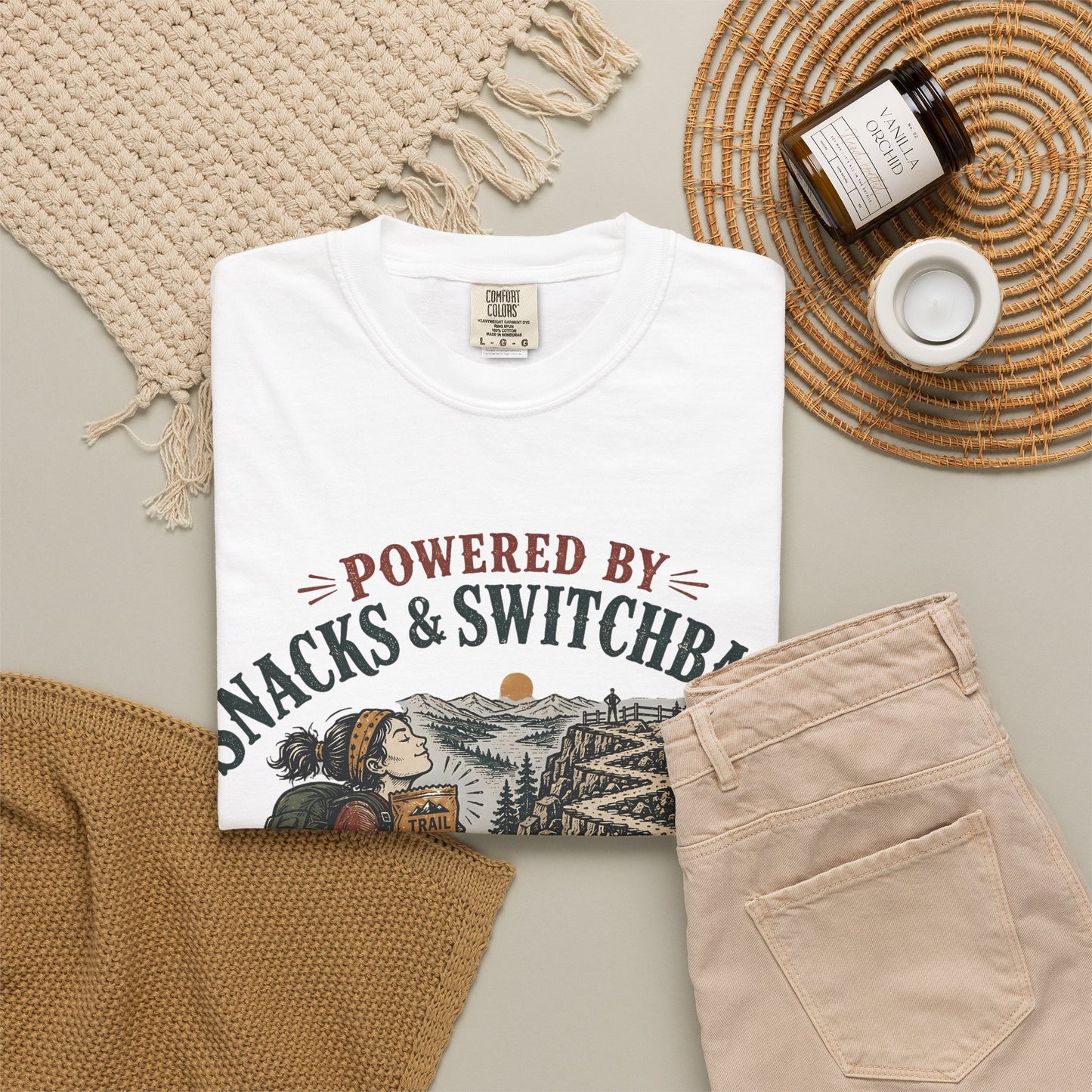 Hiking T-Shirt — "Powered by Snacks & Switchbacks" Outdoor Trail Tee