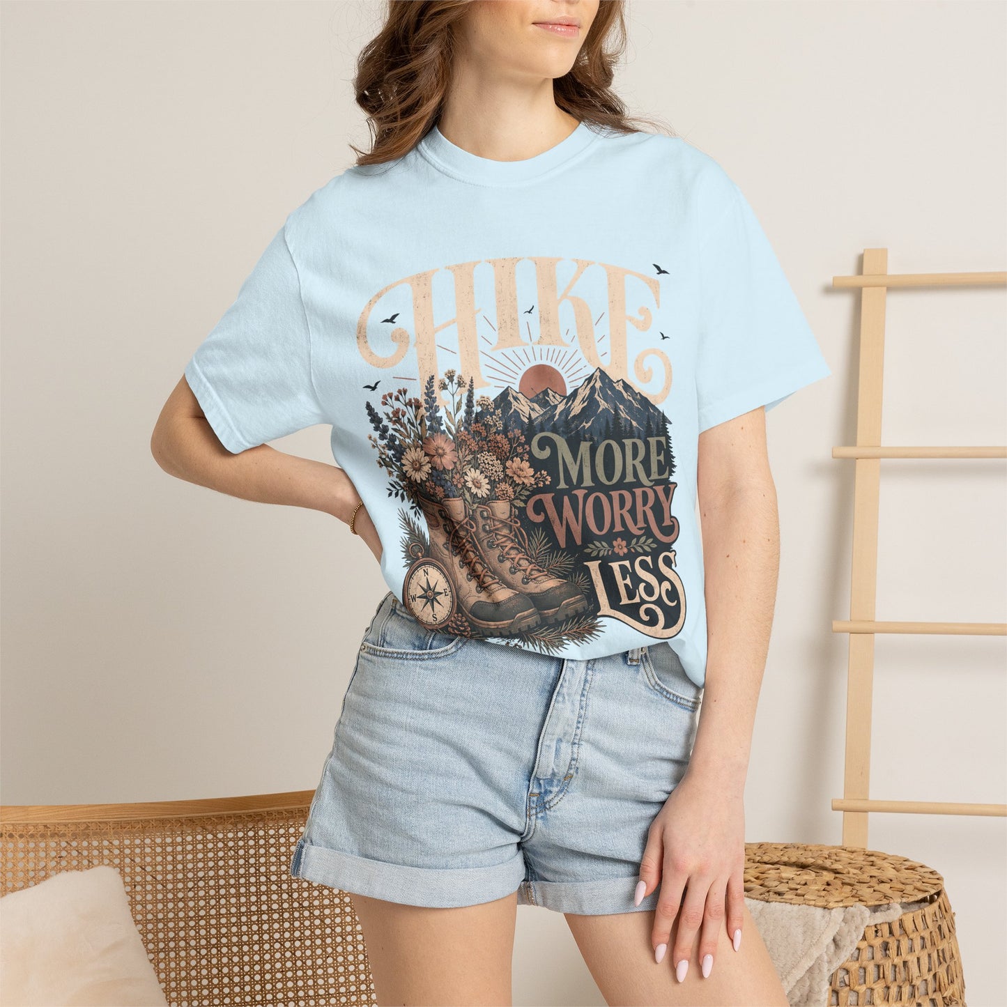 Hike More Worry Less T-Shirt — Vintage Hiking Boots & Mountain Graphic