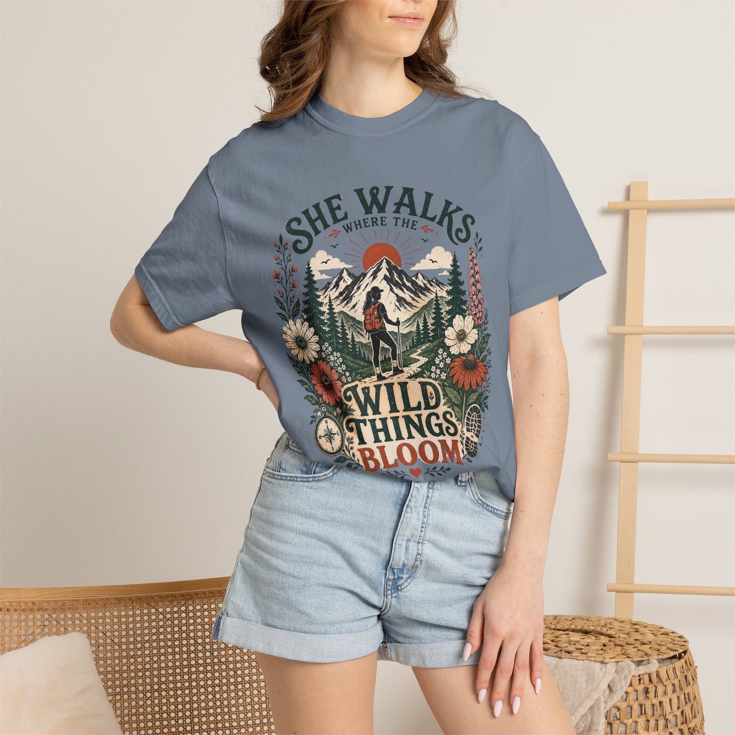 She Walks Where the Wild Things Bloom T-Shirt — Floral Vintage Hiking Tee