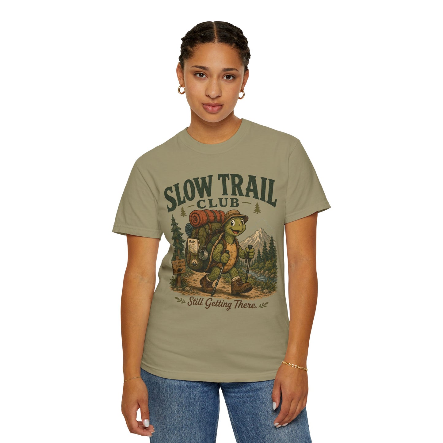 Slow Trail Club T-Shirt — “Still Getting There” Hiking Turtle Graphic Tee