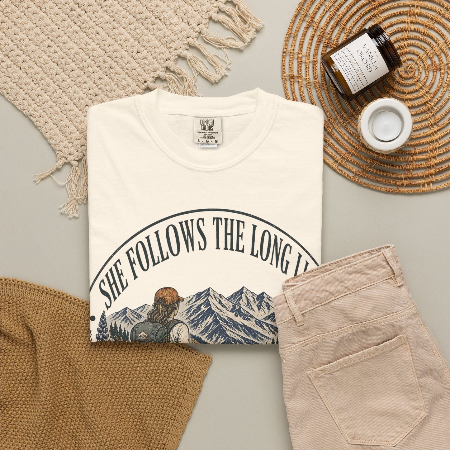 She Follows The Long Light Hiking T-Shirt — Adventure Backpacker Graphic Tee