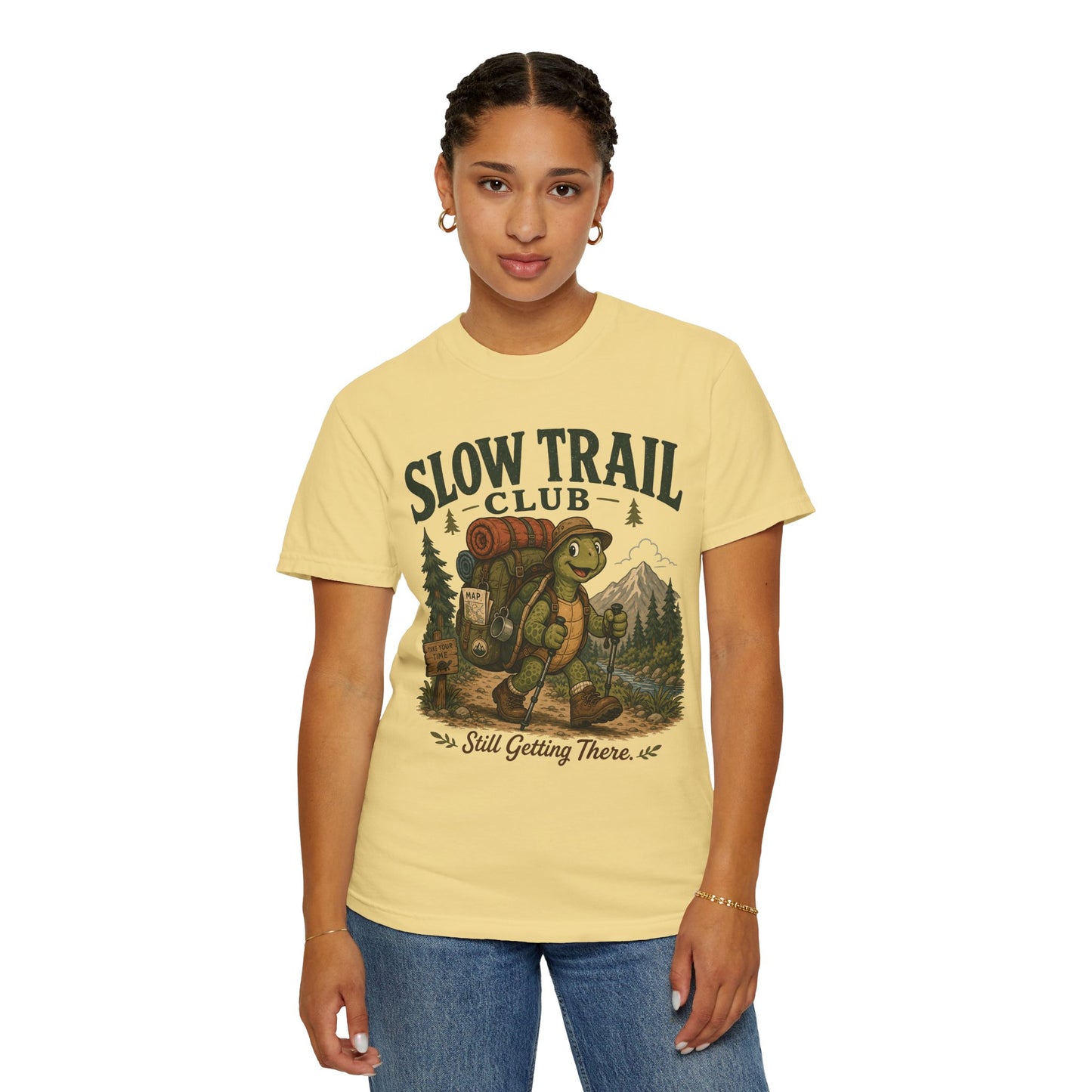 Slow Trail Club T-Shirt — “Still Getting There” Hiking Turtle Graphic Tee
