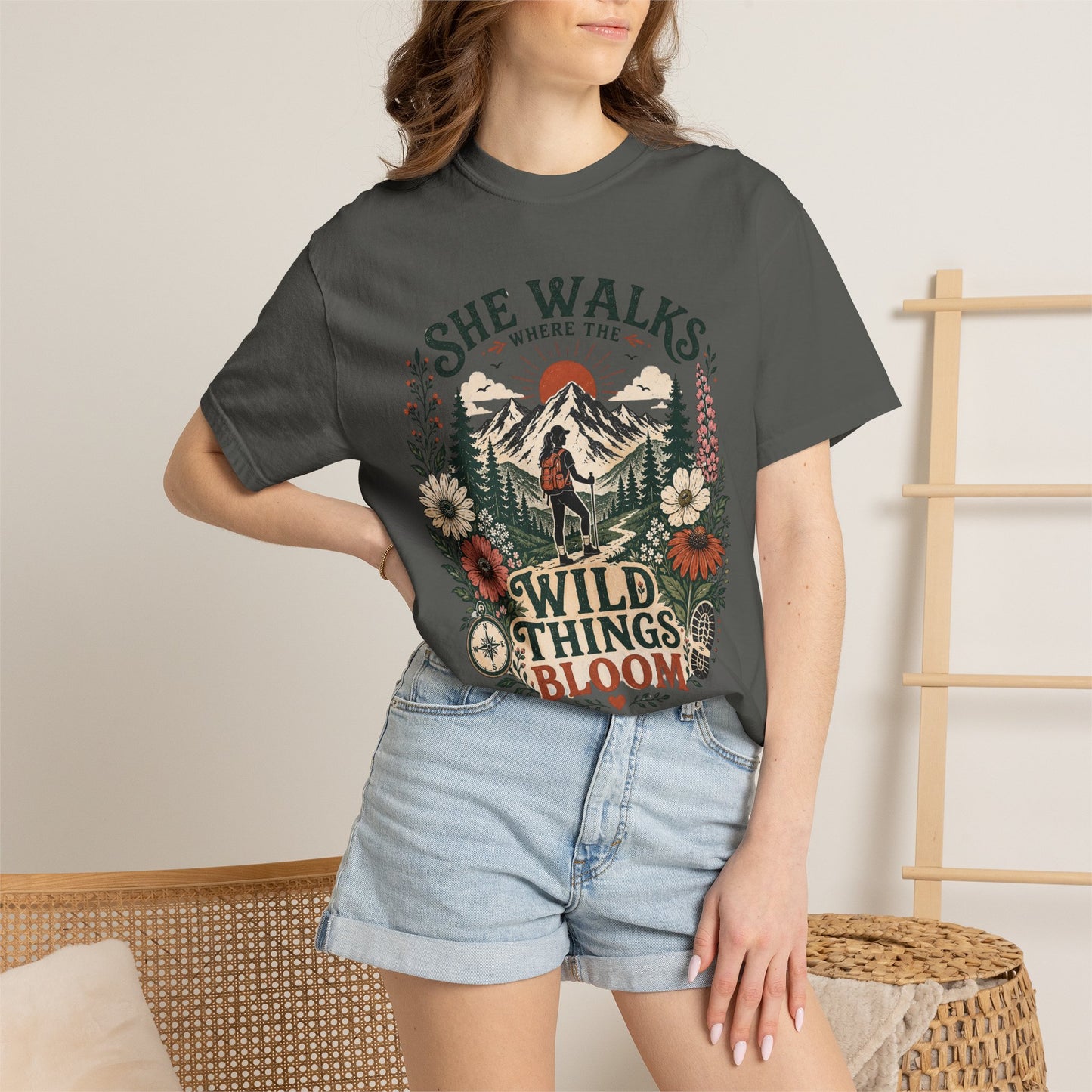 She Walks Where the Wild Things Bloom T-Shirt — Floral Vintage Hiking Tee