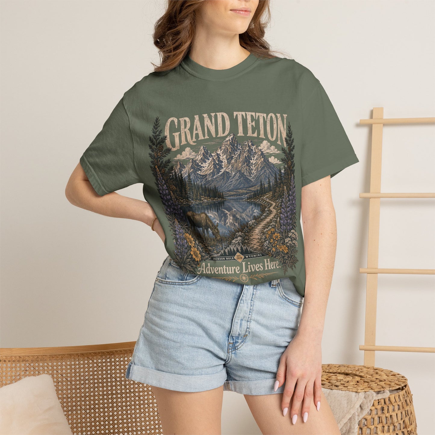 Grand Teton Scenic T-Shirt — 'Adventure Lives Here' Mountain & Moose Tee