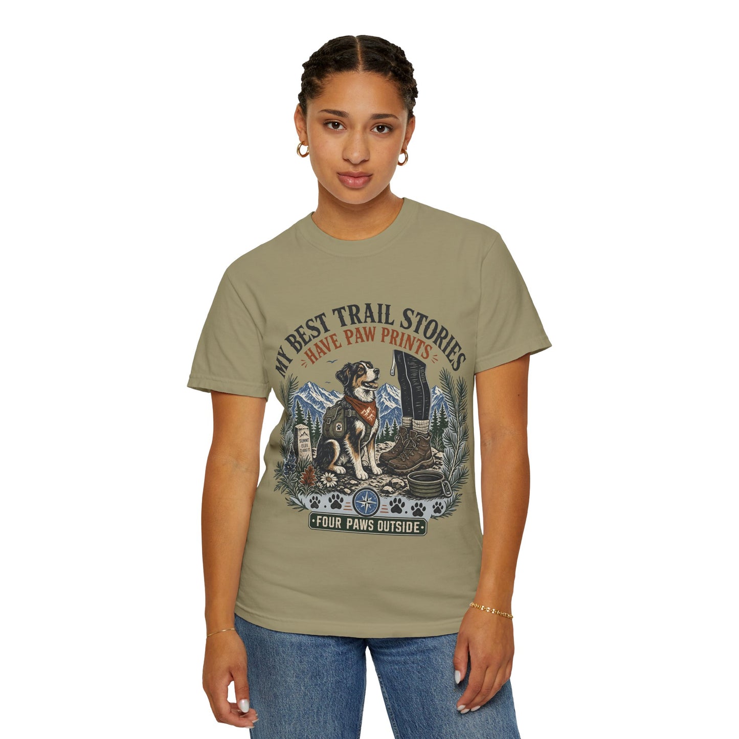 Dog Hiking T-Shirt — “My Best Trail Stories Have Paw Prints” Outdoor Adventure Tee