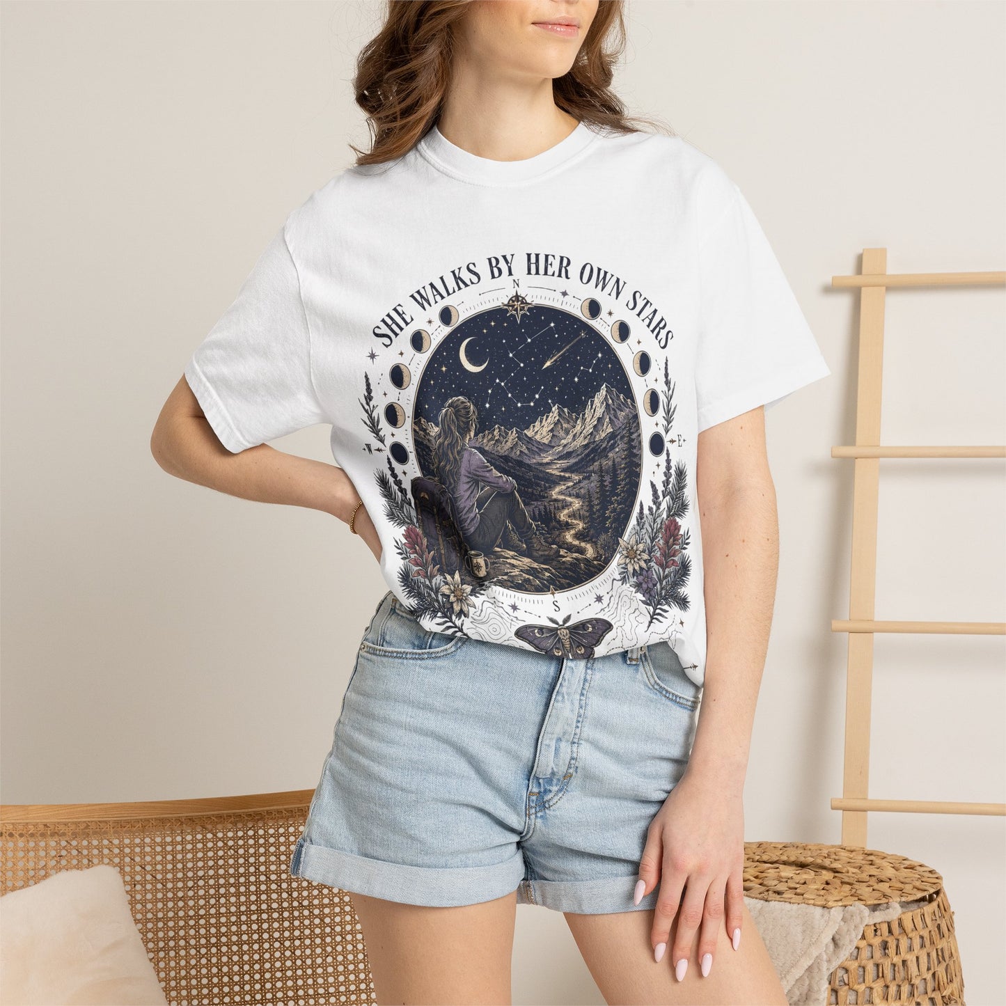 She Walks By Her Own Stars T-Shirt — Night Sky Adventure Graphic Tee