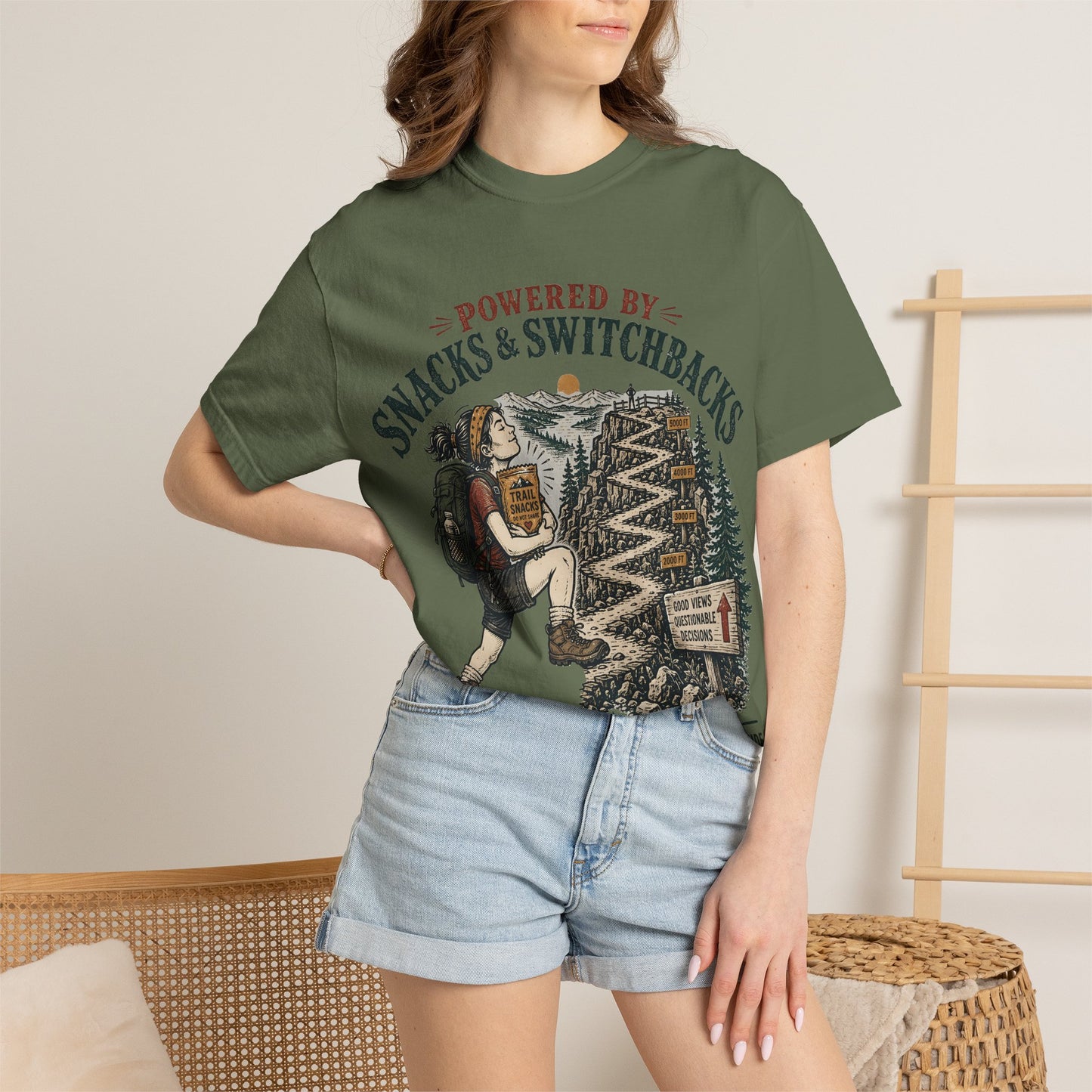 Hiking T-Shirt — "Powered by Snacks & Switchbacks" Outdoor Trail Tee