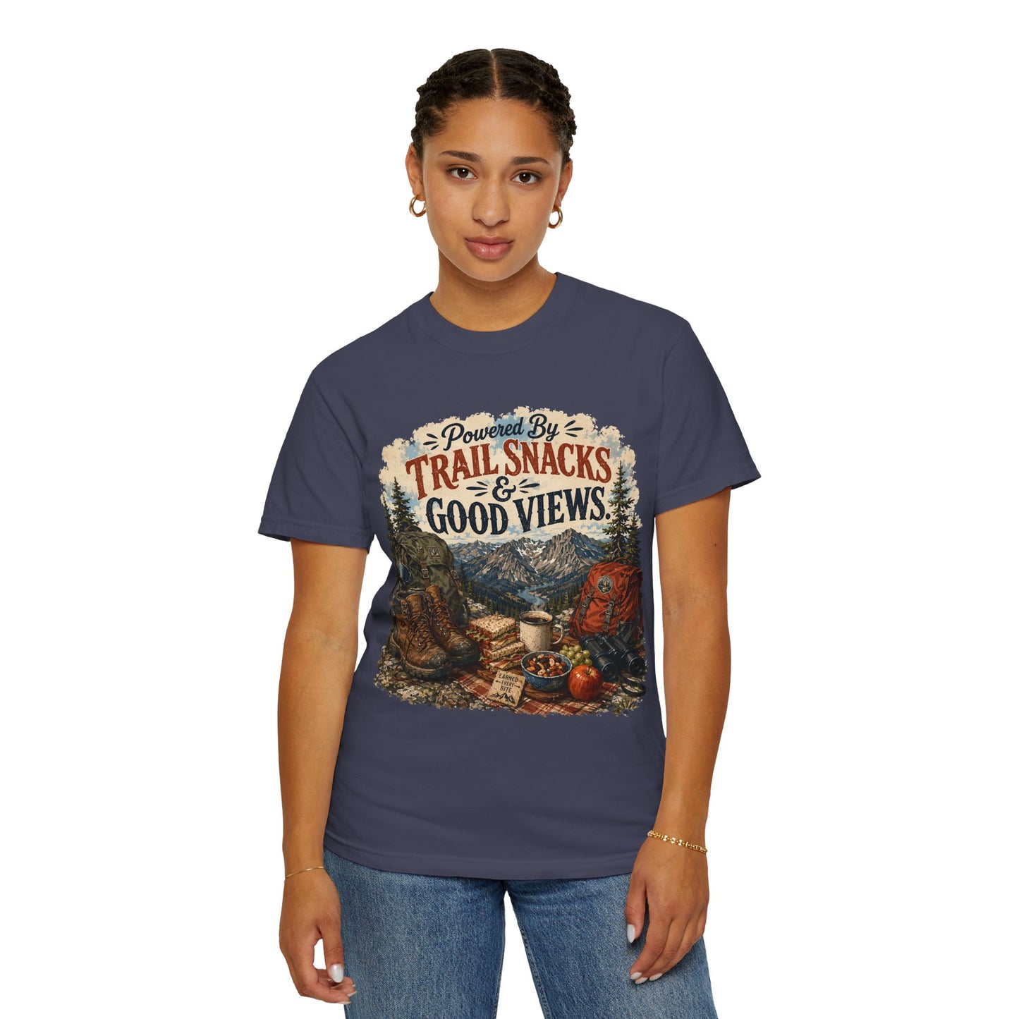 Trail Snacks & Good Views T-Shirt — Hiking Adventure Graphic Tee