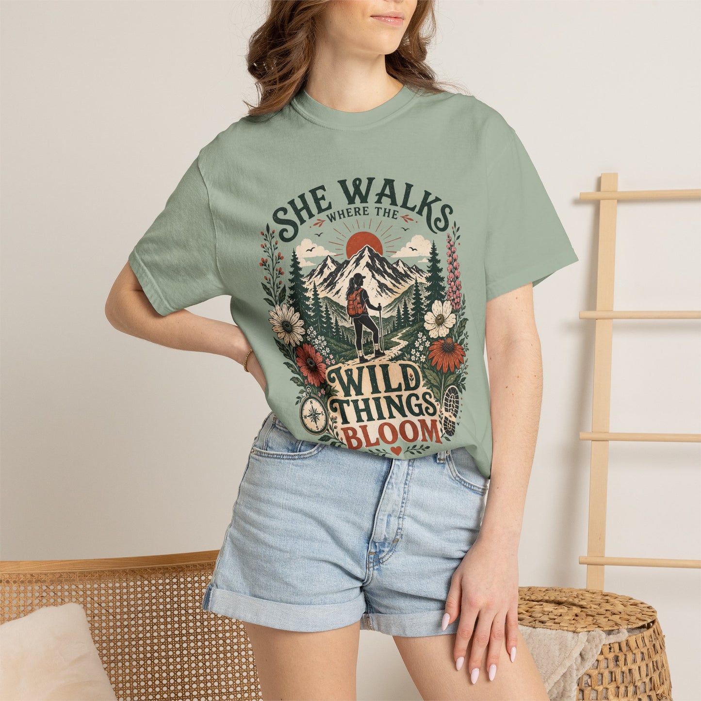 She Walks Where the Wild Things Bloom T-Shirt — Floral Vintage Hiking Tee