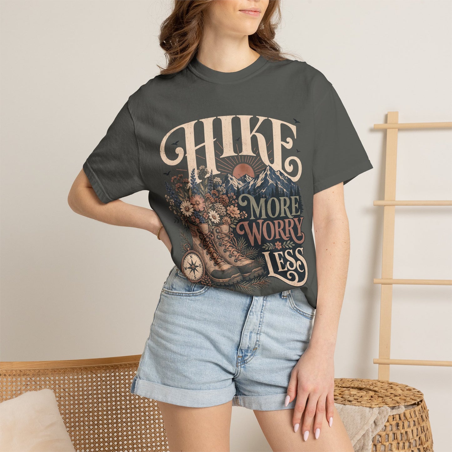 Hike More Worry Less T-Shirt — Vintage Hiking Boots & Mountain Graphic