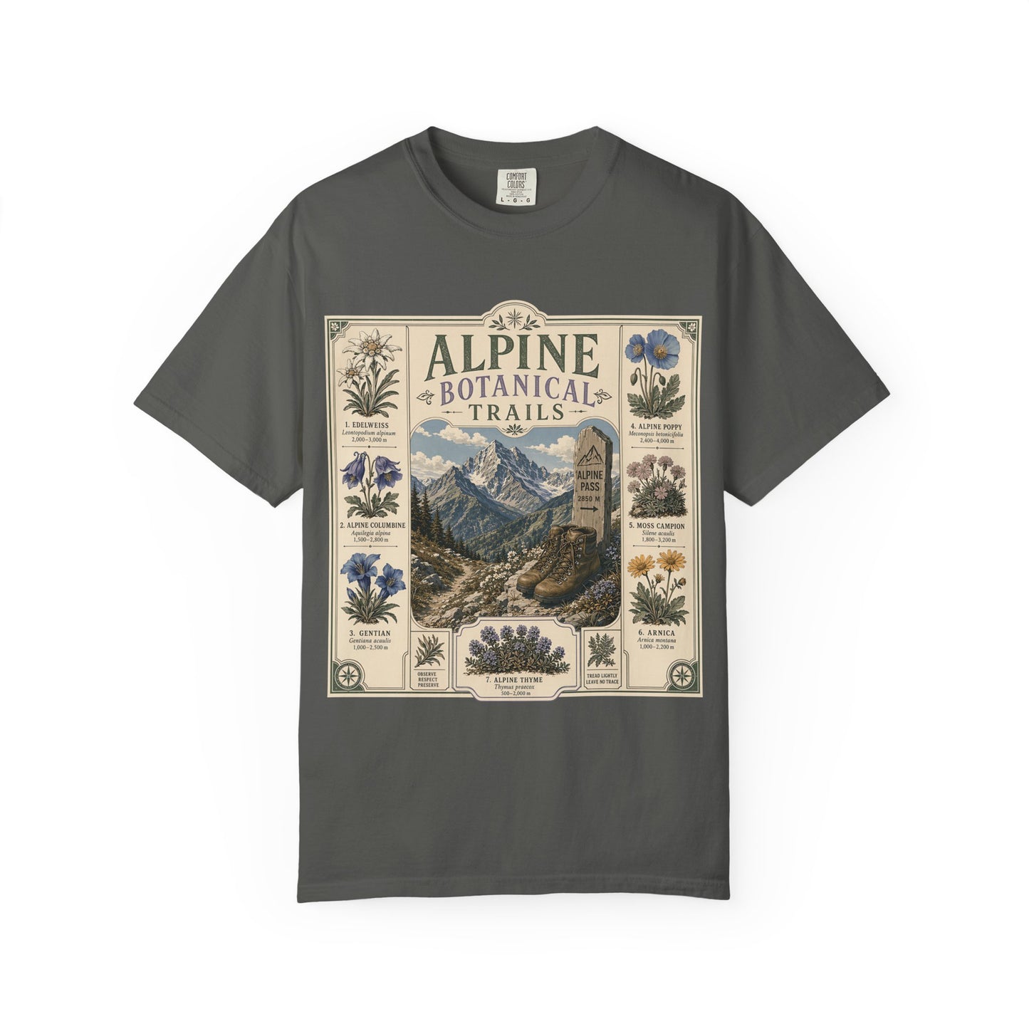 Alpine Botanical Trails T‑Shirt — Vintage Mountain & Wildflower Graphic