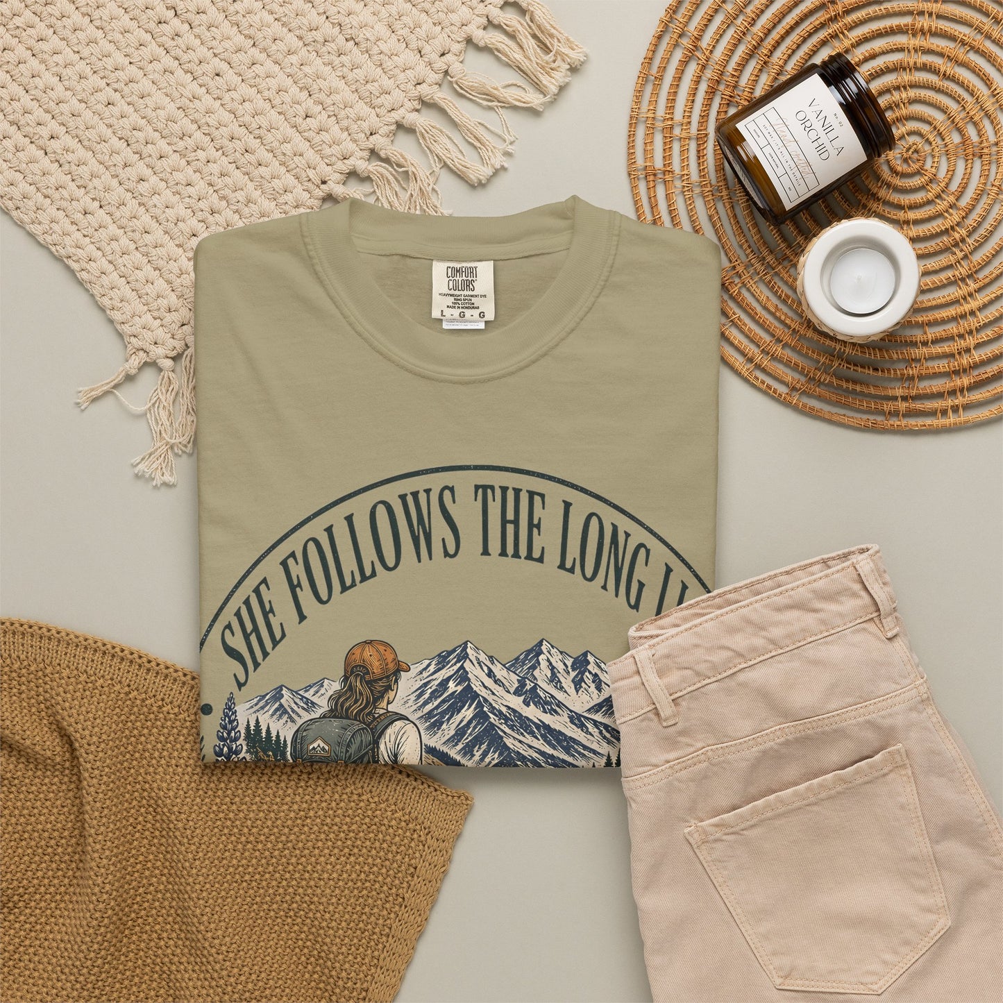 She Follows The Long Light Hiking T-Shirt — Adventure Backpacker Graphic Tee