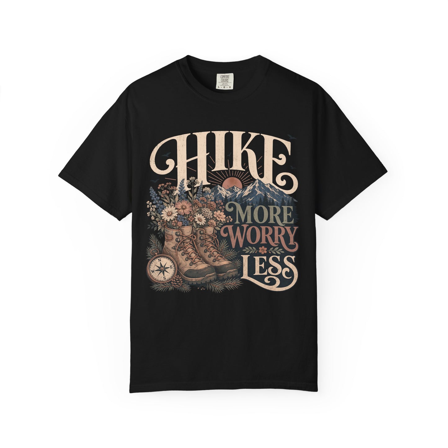 Hike More Worry Less T-Shirt — Vintage Hiking Boots & Mountain Graphic