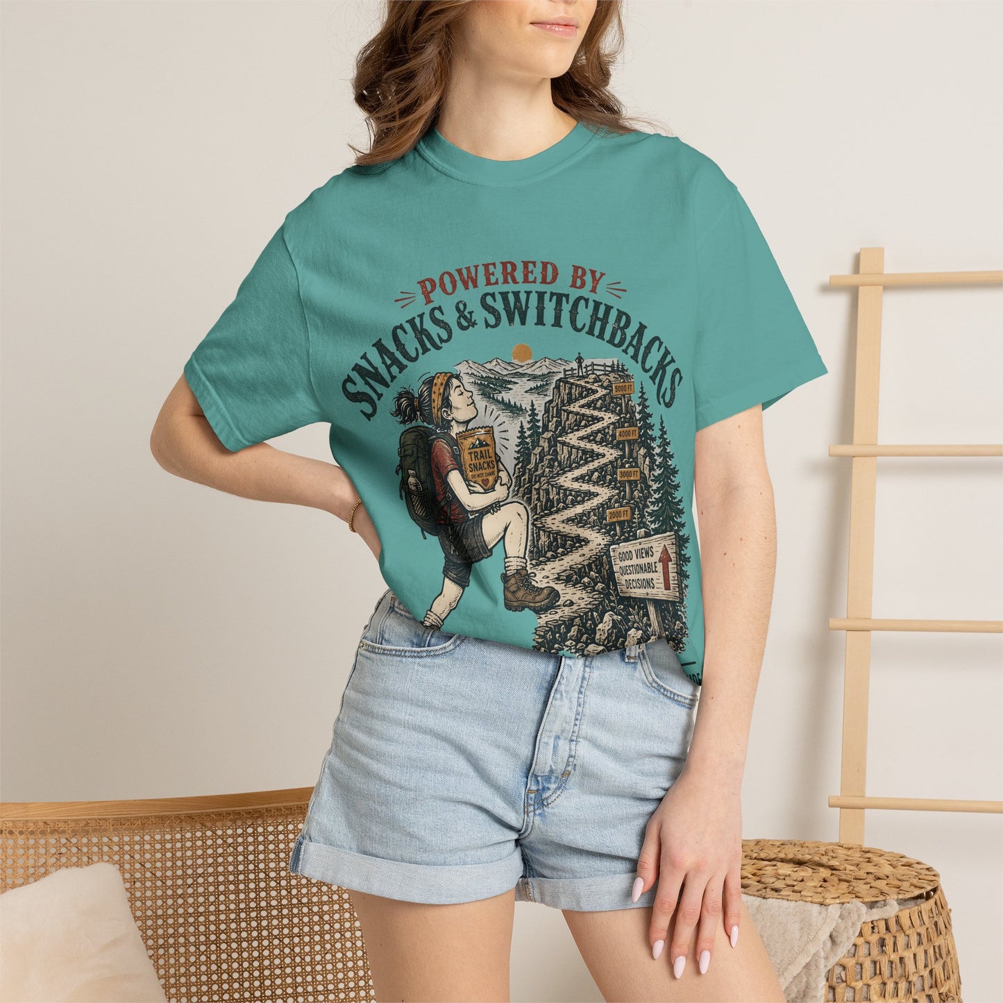 Hiking T-Shirt — "Powered by Snacks & Switchbacks" Outdoor Trail Tee