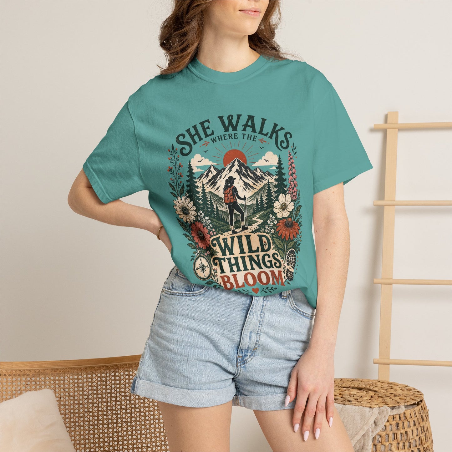 She Walks Where the Wild Things Bloom T-Shirt — Floral Vintage Hiking Tee