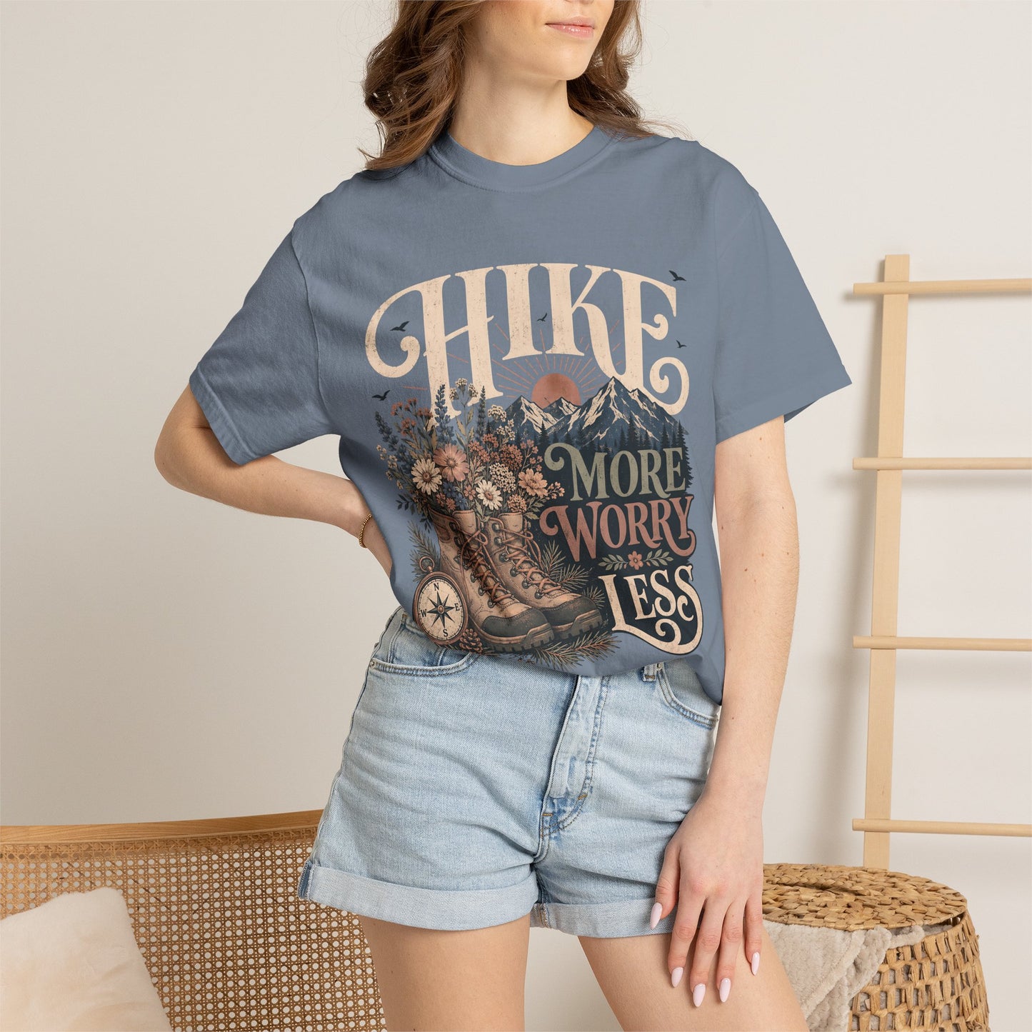 Hike More Worry Less T-Shirt — Vintage Hiking Boots & Mountain Graphic