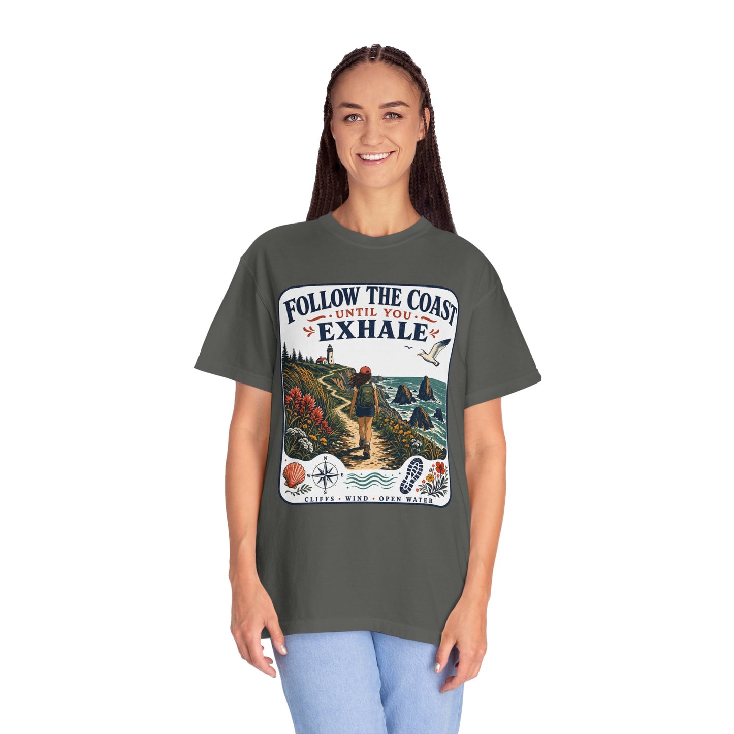 Coastal Hike T-Shirt — "Follow the Coast Until You Exhale" Outdoor Graphic Tee