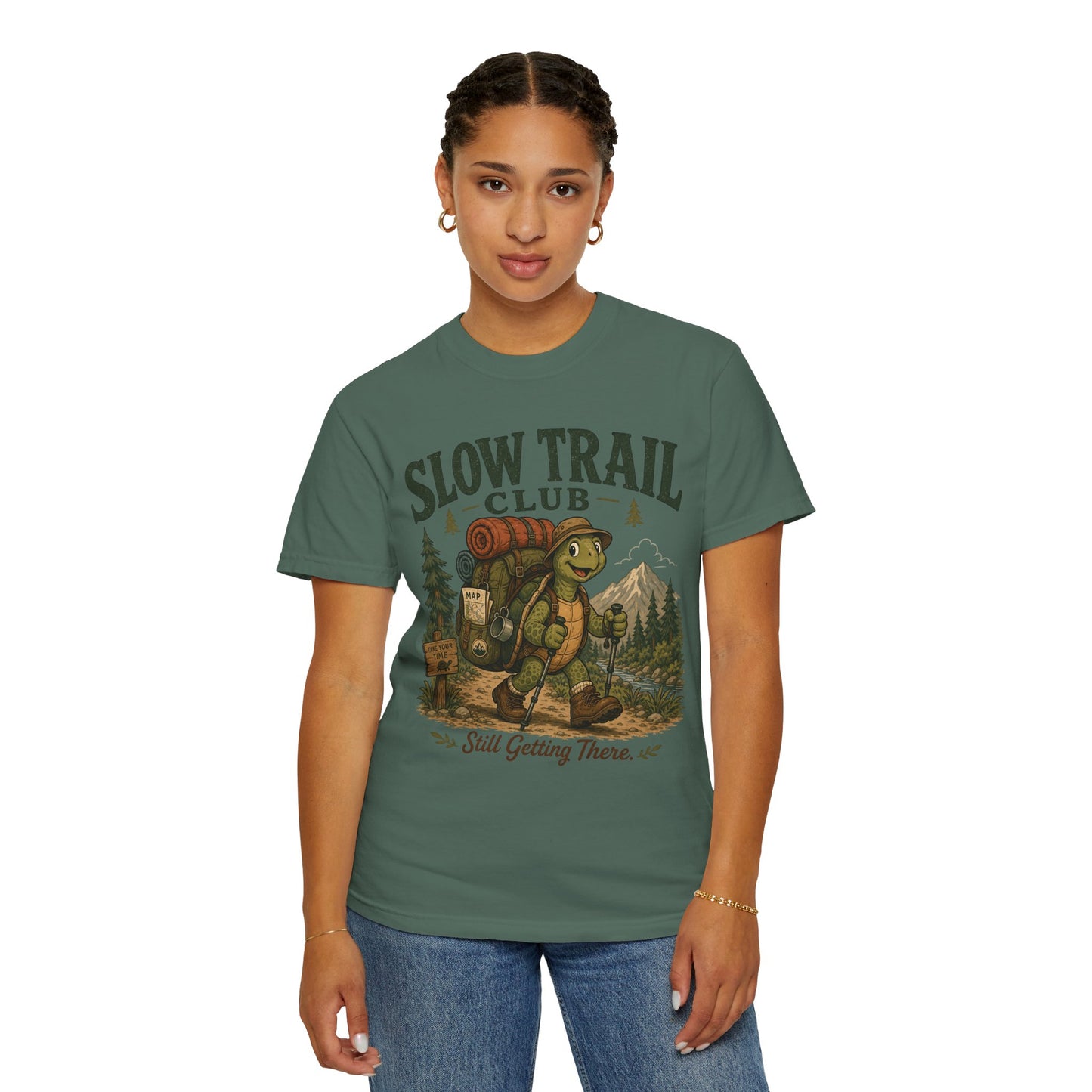 Slow Trail Club T-Shirt — “Still Getting There” Hiking Turtle Graphic Tee