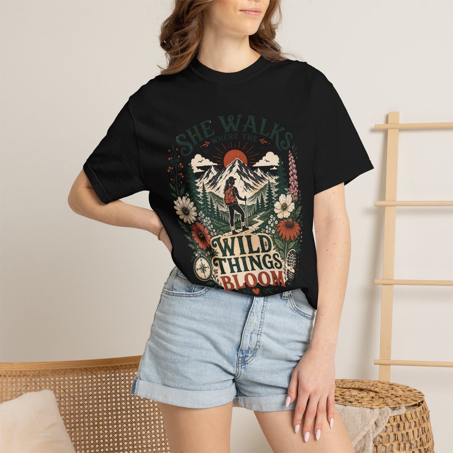 She Walks Where the Wild Things Bloom T-Shirt — Floral Vintage Hiking Tee