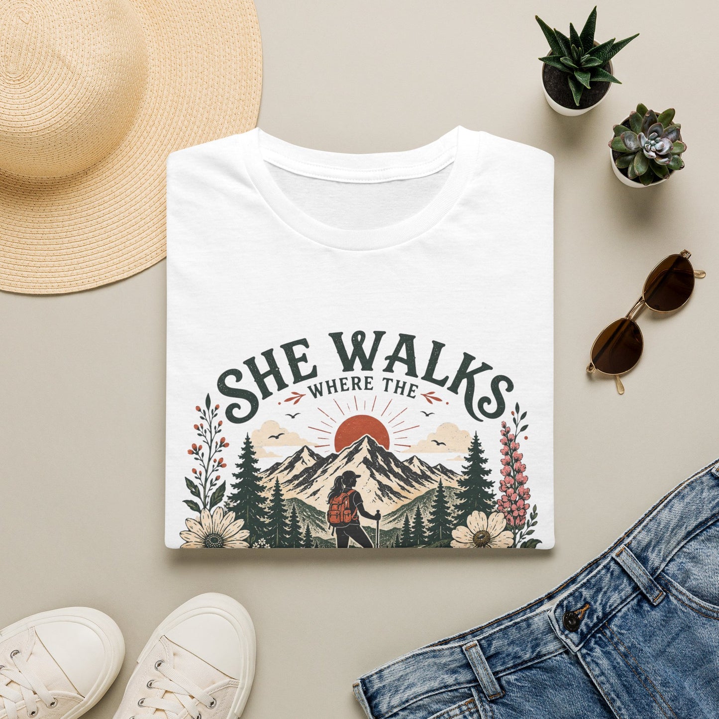 She Walks Where the Wild Things Bloom Hiking T-Shirt — Vintage Mountain Outdoor Tee