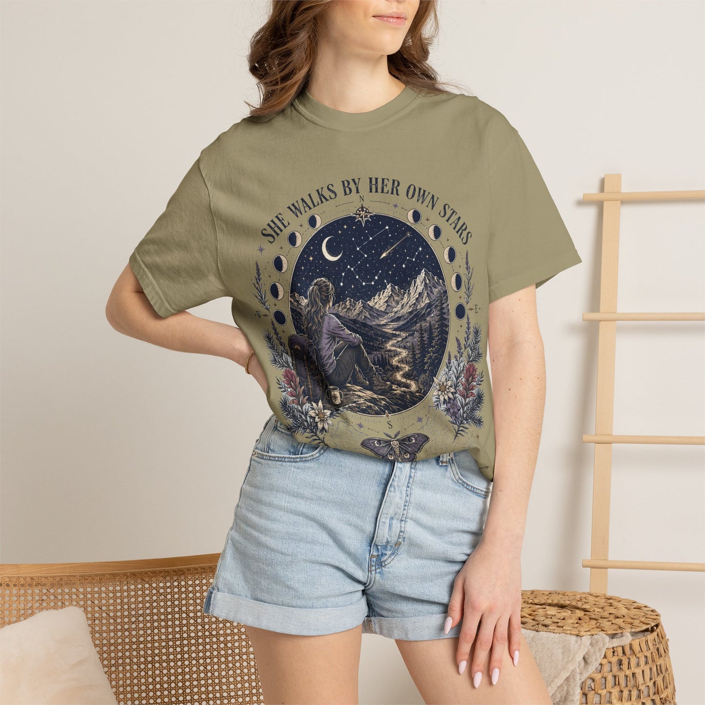 She Walks By Her Own Stars T-Shirt — Night Sky Adventure Graphic Tee