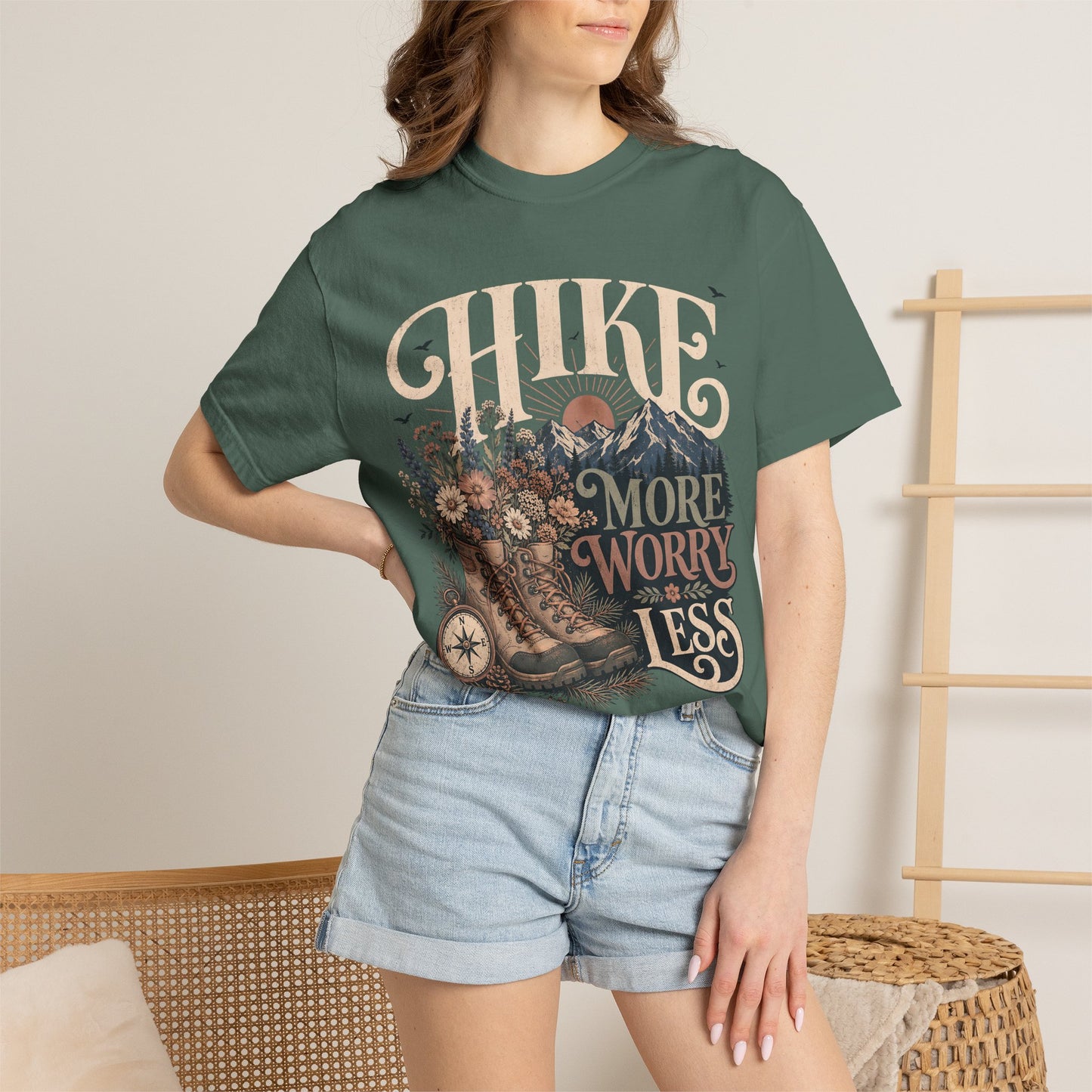 Hike More Worry Less T-Shirt — Vintage Hiking Boots & Mountain Graphic