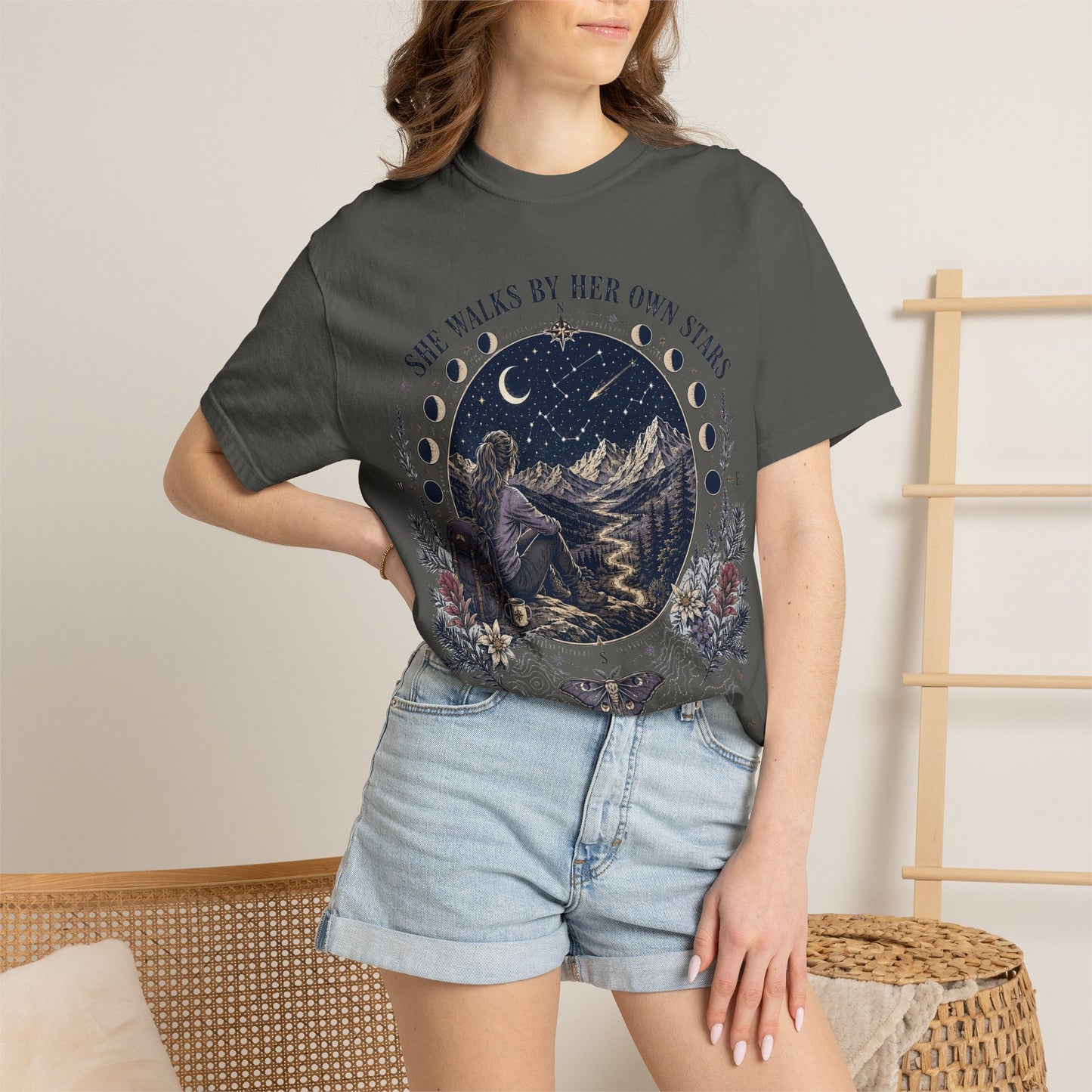 She Walks By Her Own Stars T-Shirt — Night Sky Adventure Graphic Tee