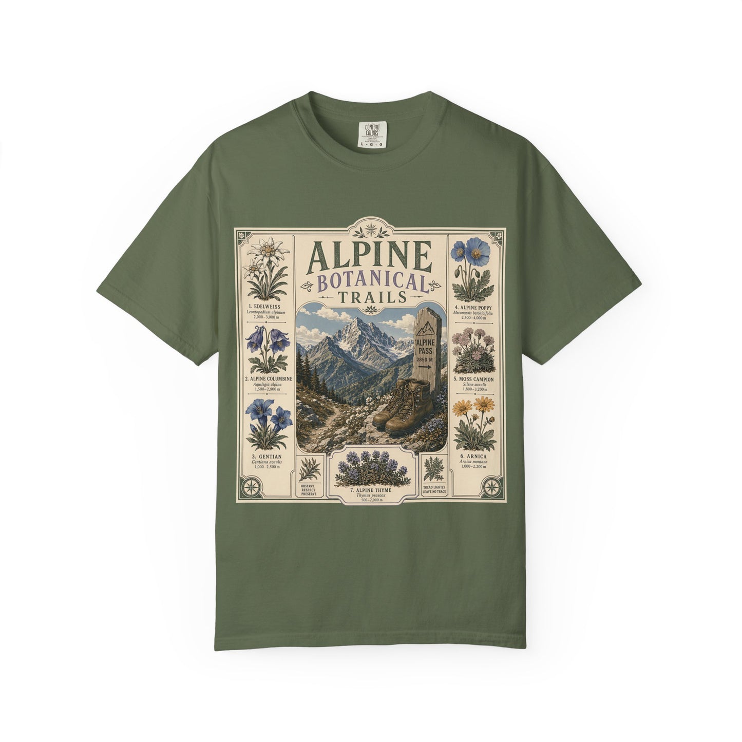 Alpine Botanical Trails T‑Shirt — Vintage Mountain & Wildflower Graphic