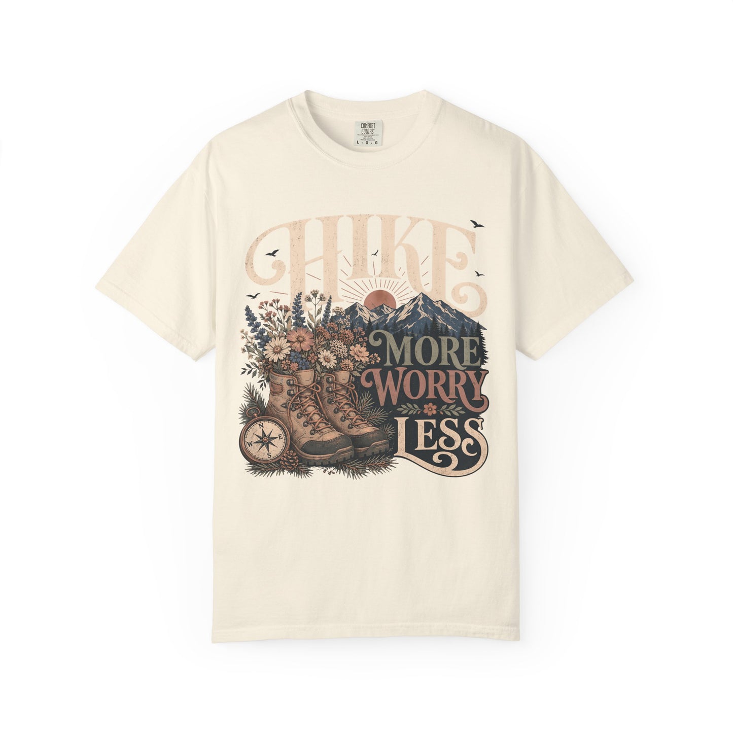 Hike More Worry Less T-Shirt — Vintage Hiking Boots & Mountain Graphic