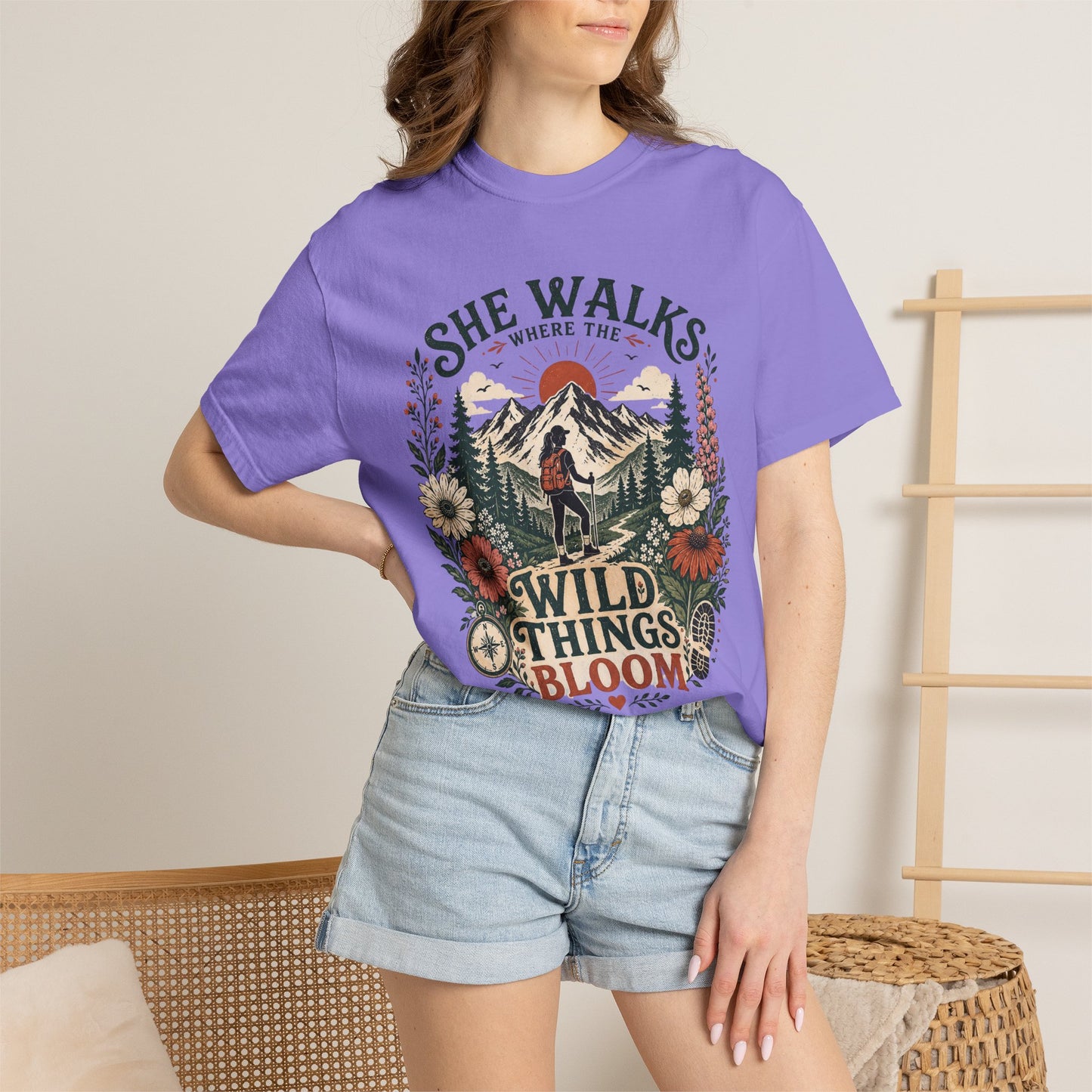 She Walks Where the Wild Things Bloom T-Shirt — Floral Vintage Hiking Tee